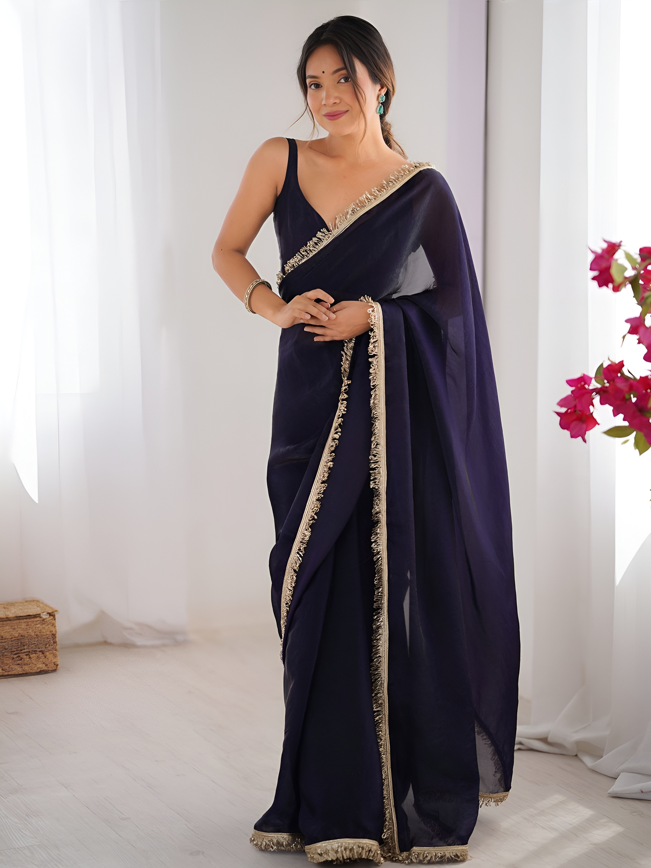 Purple Zalar Lace Border Space Silk Saree