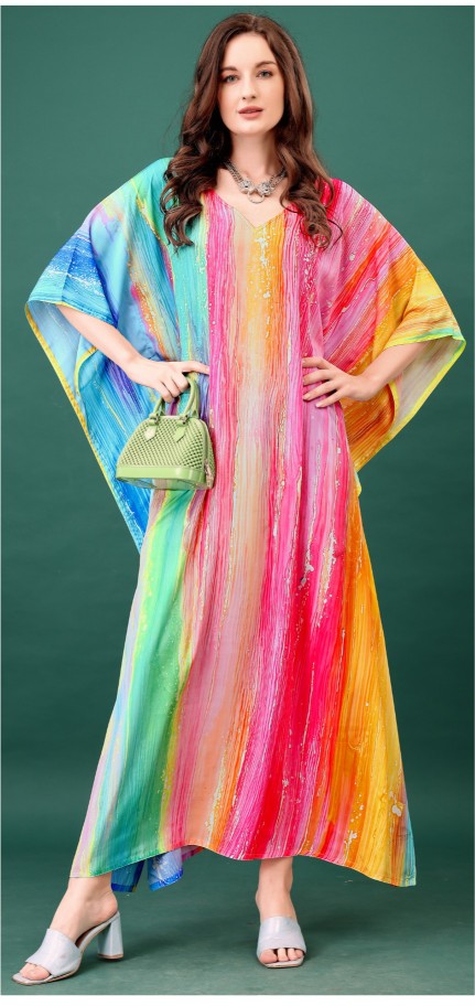 Rainbow Splash Digital Printed Feather Silk Kaftan
