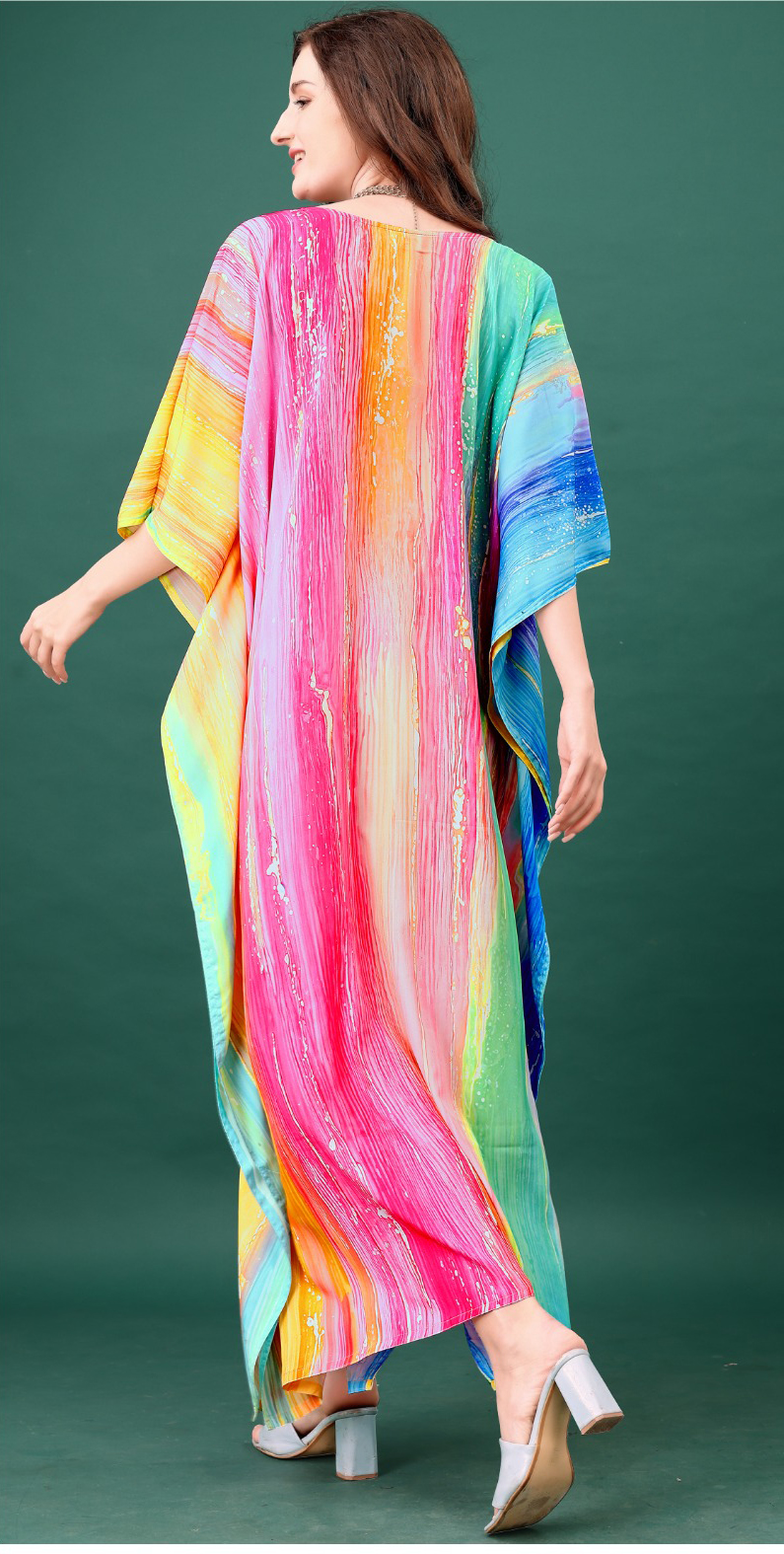 Rainbow Splash Digital Printed Feather Silk Kaftan — alternate view