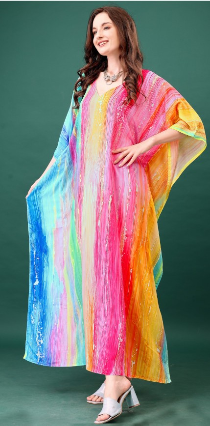 Rainbow Splash Digital Printed Feather Silk Kaftan