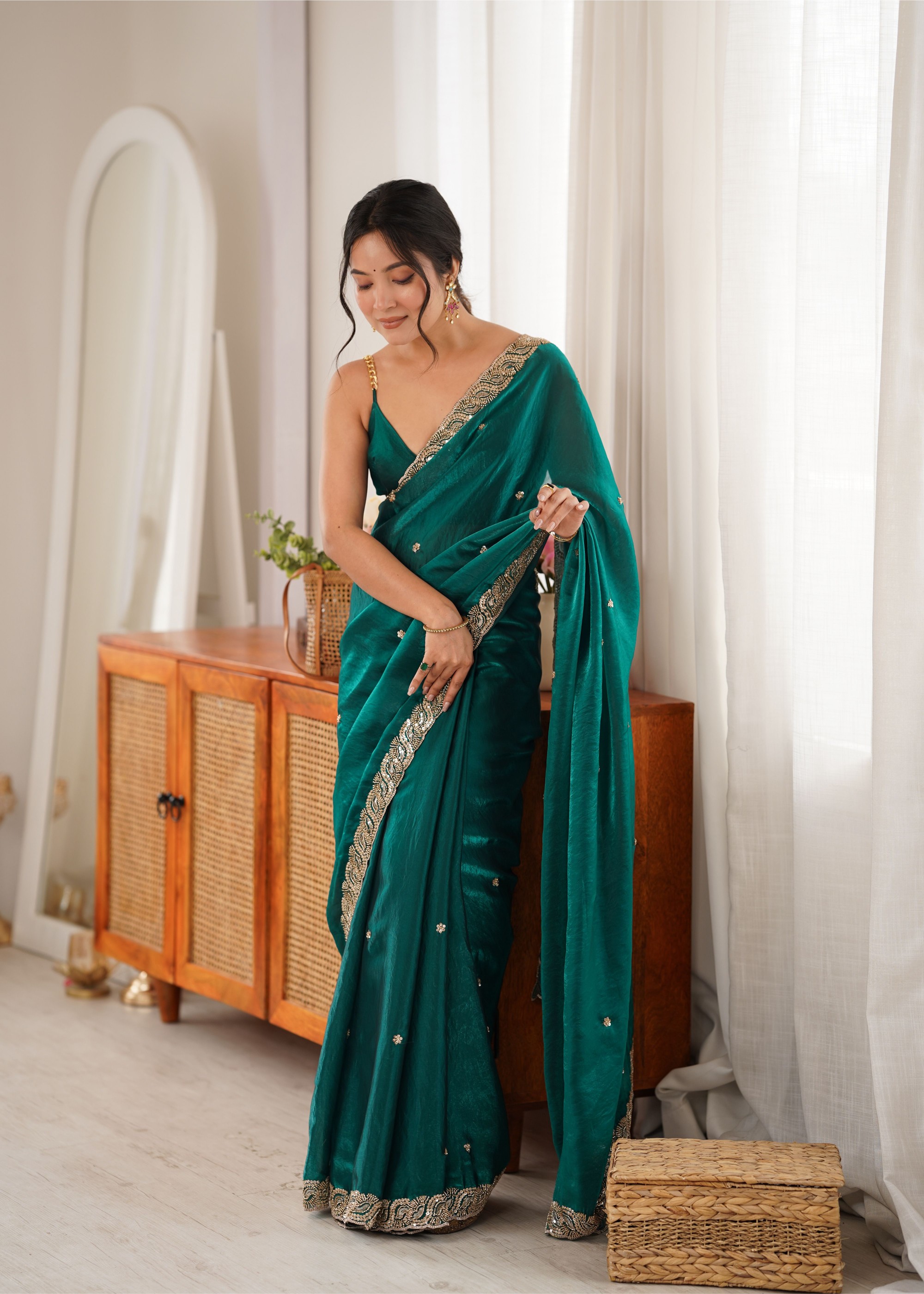Rama Beads Pearl Fendy Satin Saree