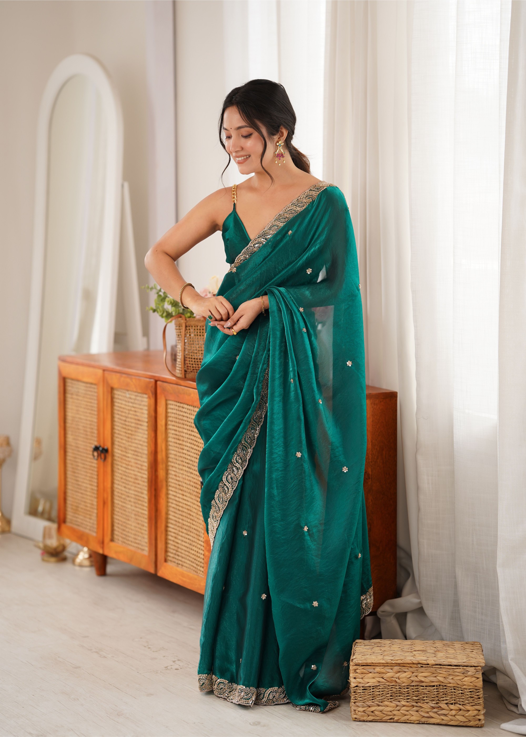 Rama Beads Pearl Fendy Satin Saree