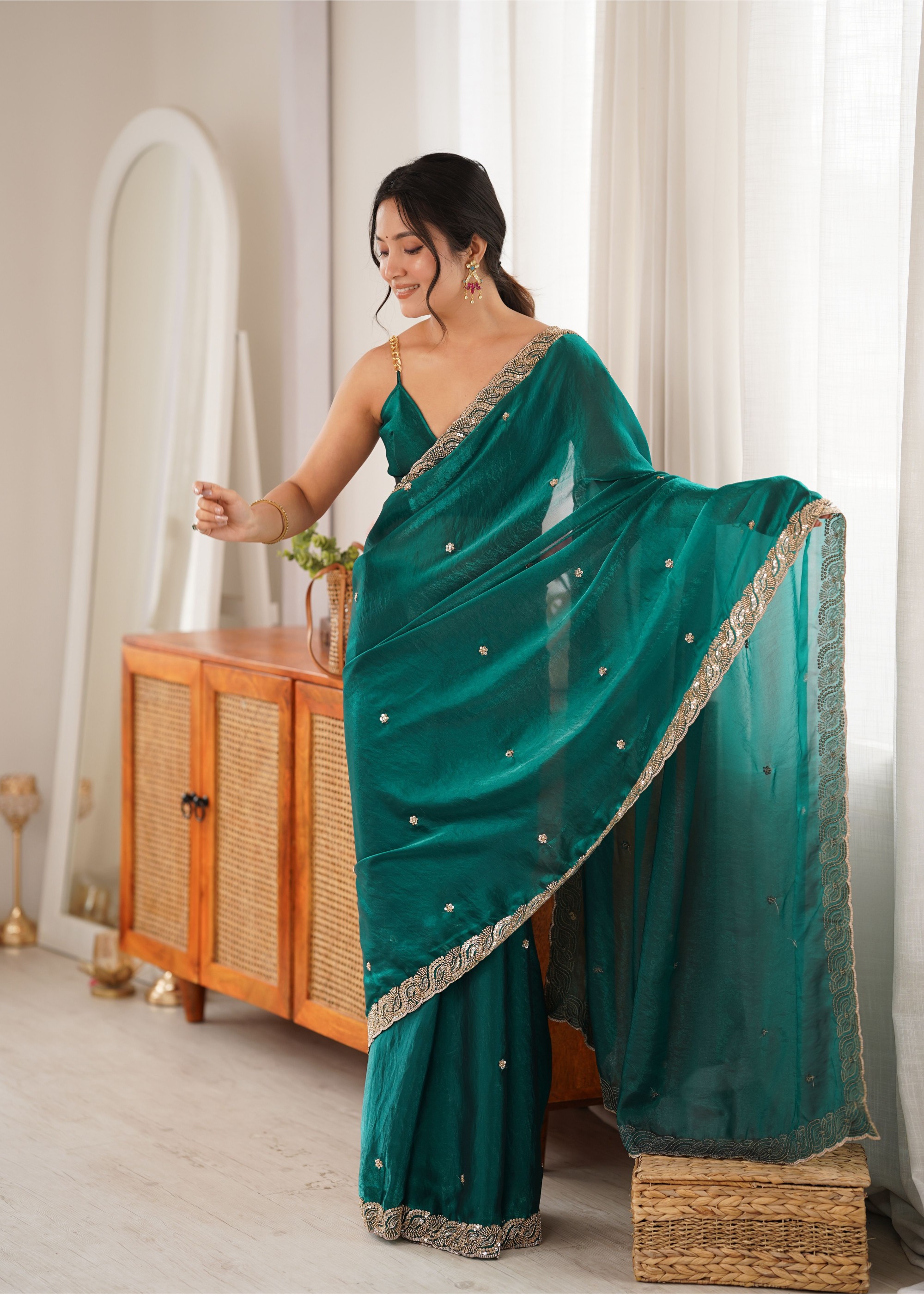 Rama Beads Pearl Fendy Satin Saree