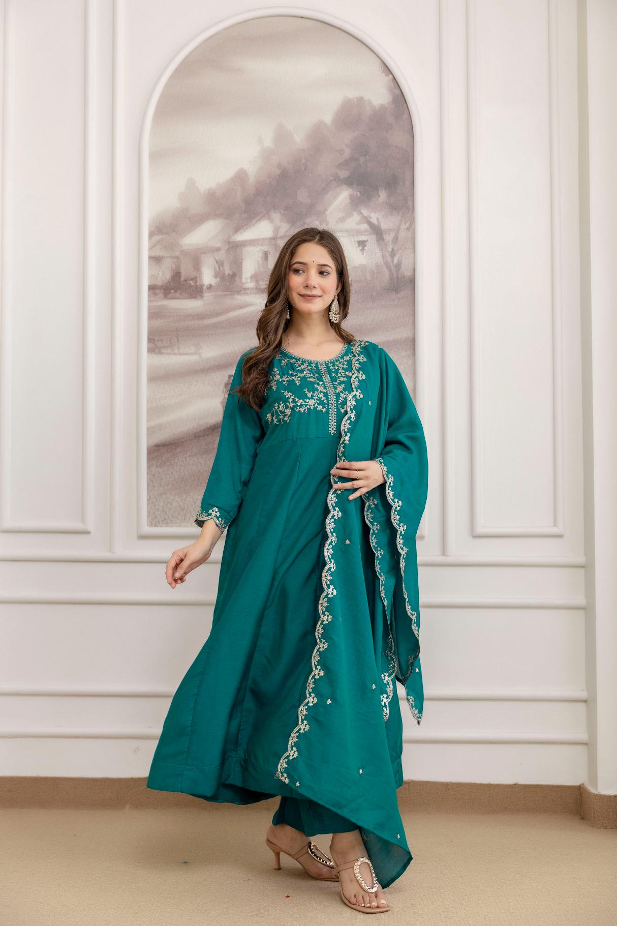 Rama Blue Embroidered Vichitra Silk Anarkali Suit