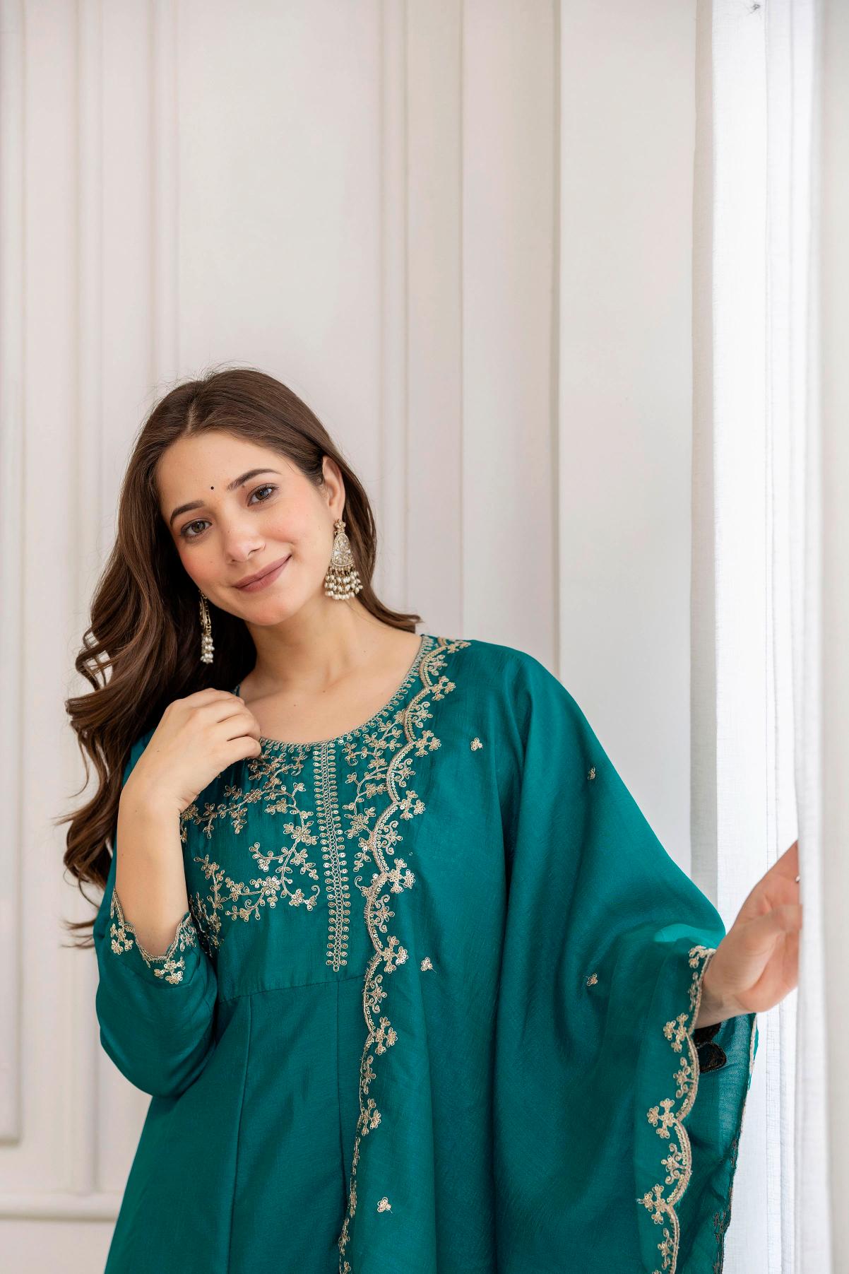 Rama Blue Embroidered Vichitra Silk Anarkali Suit