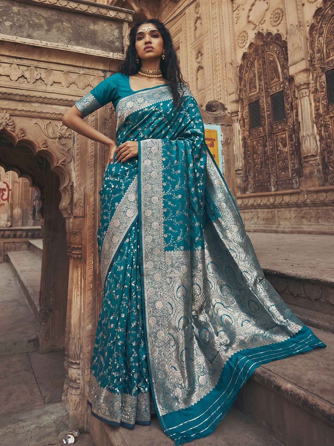 Rama Blue Floral Jaal Art Silk Saree
