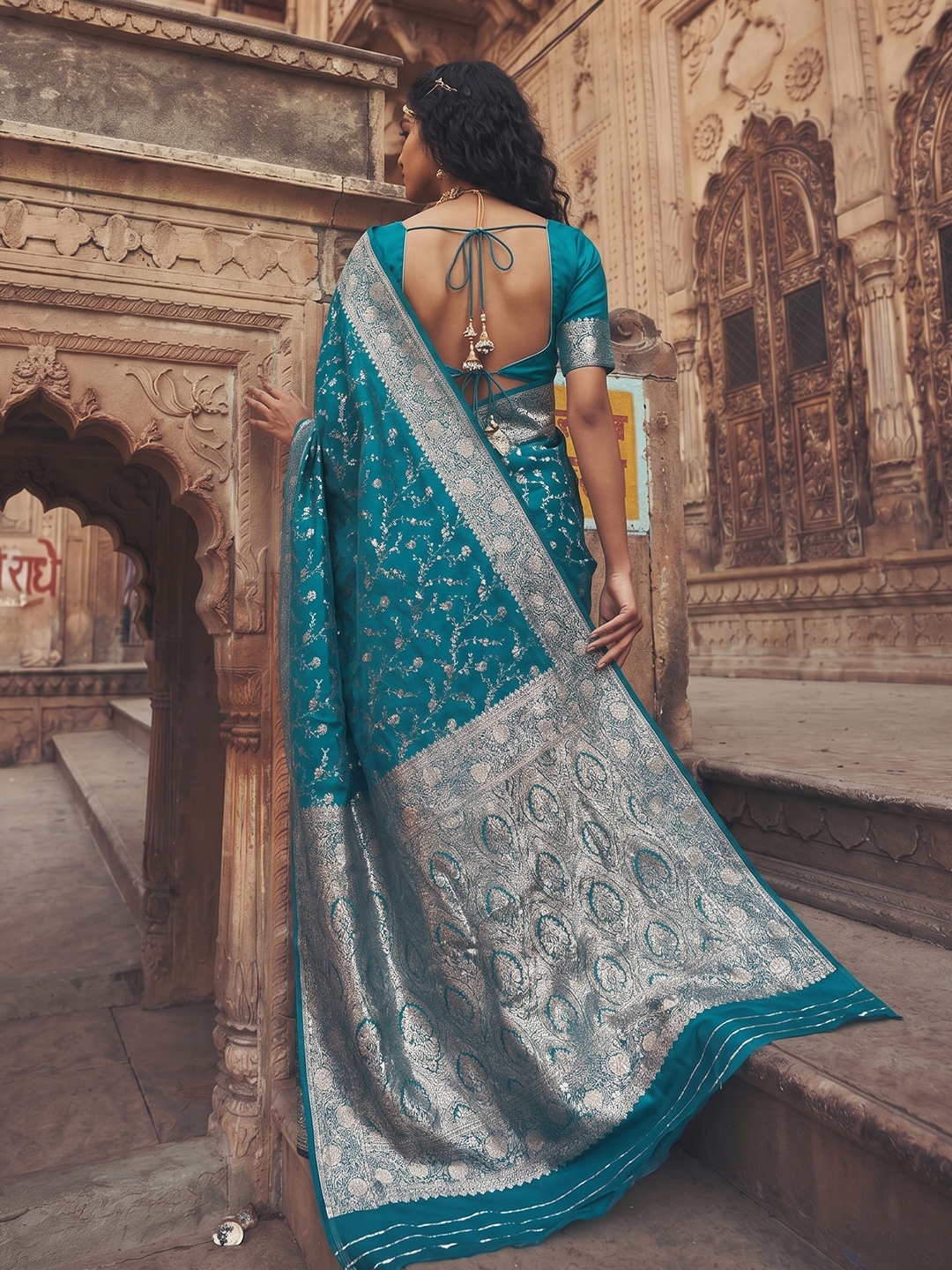 Rama Blue Floral Jaal Art Silk Saree — alternate view