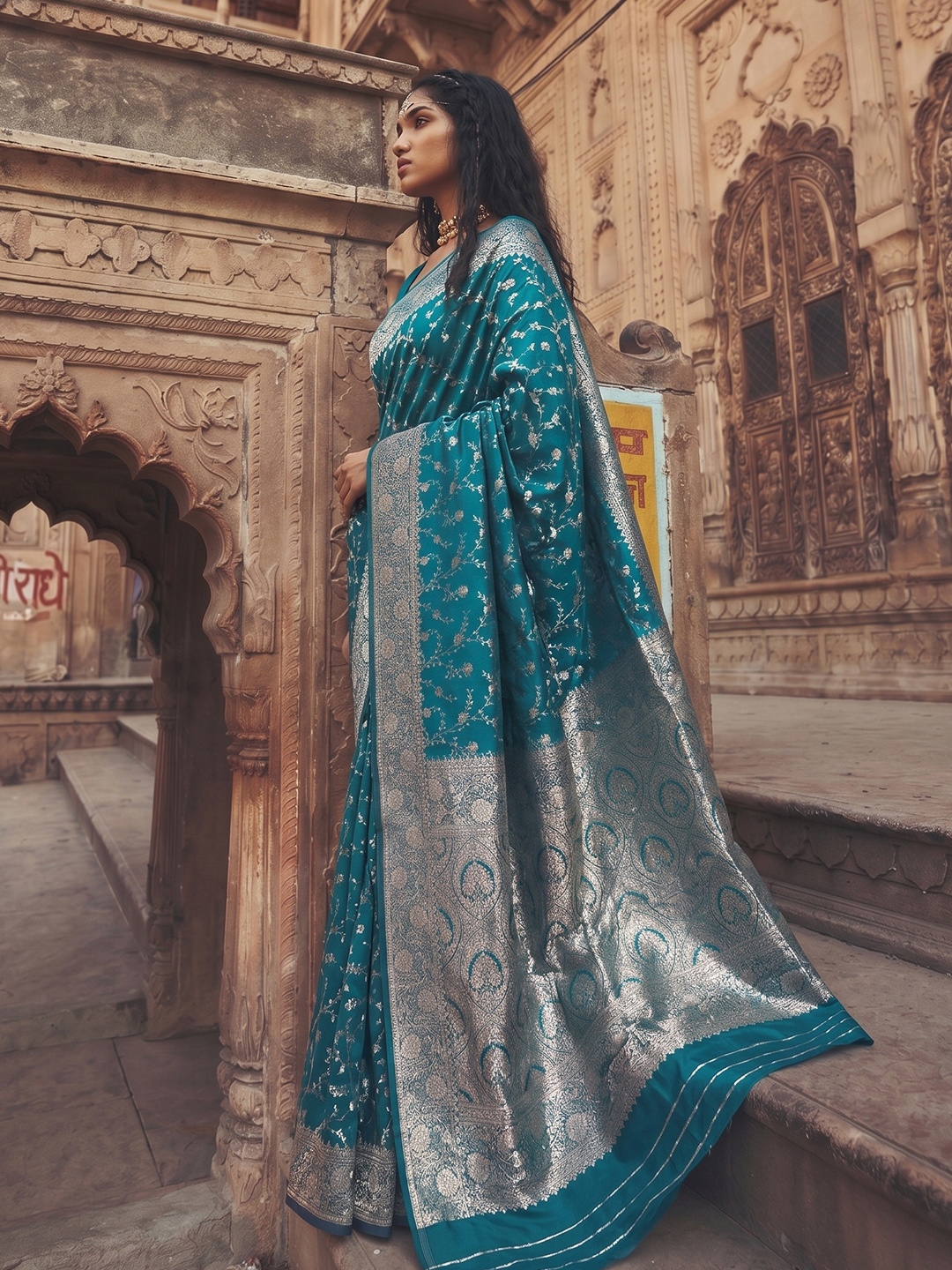 Rama Blue Floral Jaal Art Silk Saree