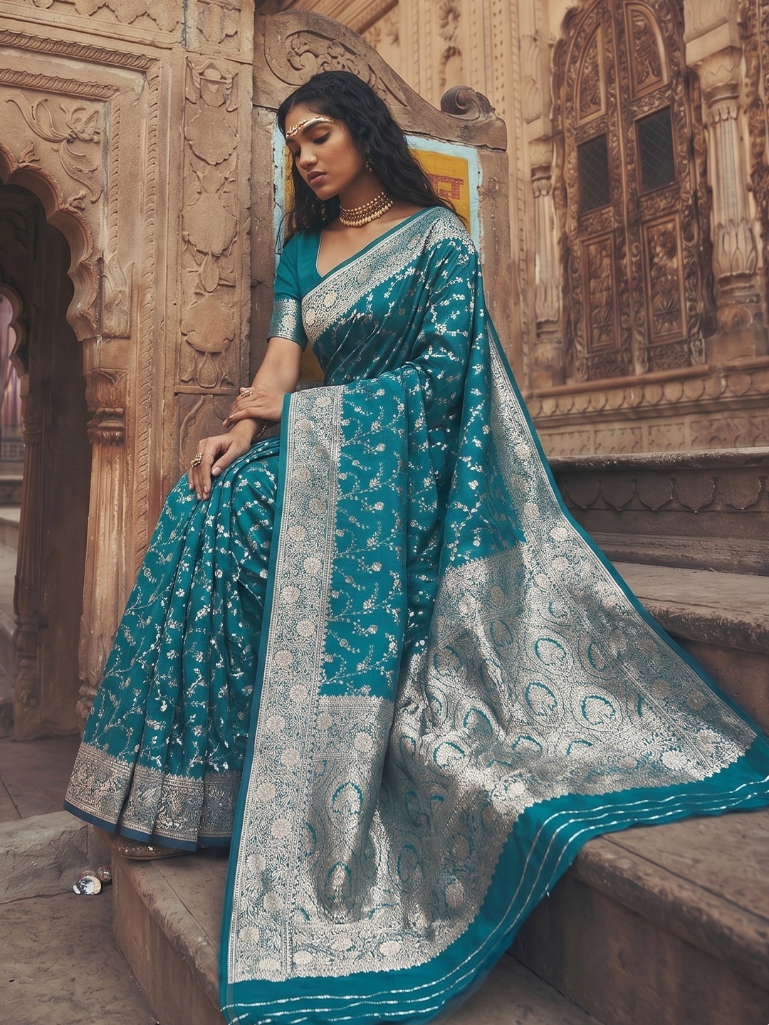 Rama Blue Floral Jaal Art Silk Saree