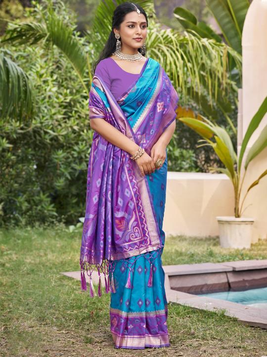 Rama Blue Lavender Woven Designer Pochampalli Silk Saree