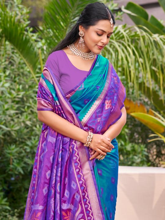 Rama Blue Lavender Woven Designer Pochampalli Silk Saree — alternate view