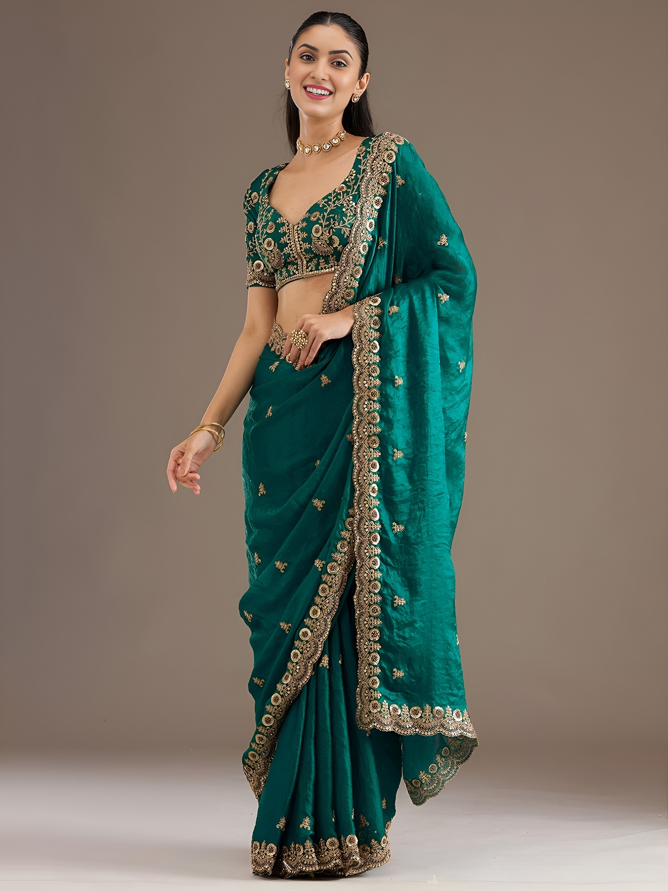 Rama Classic Buti Zari Embroidery Tissue Saree
