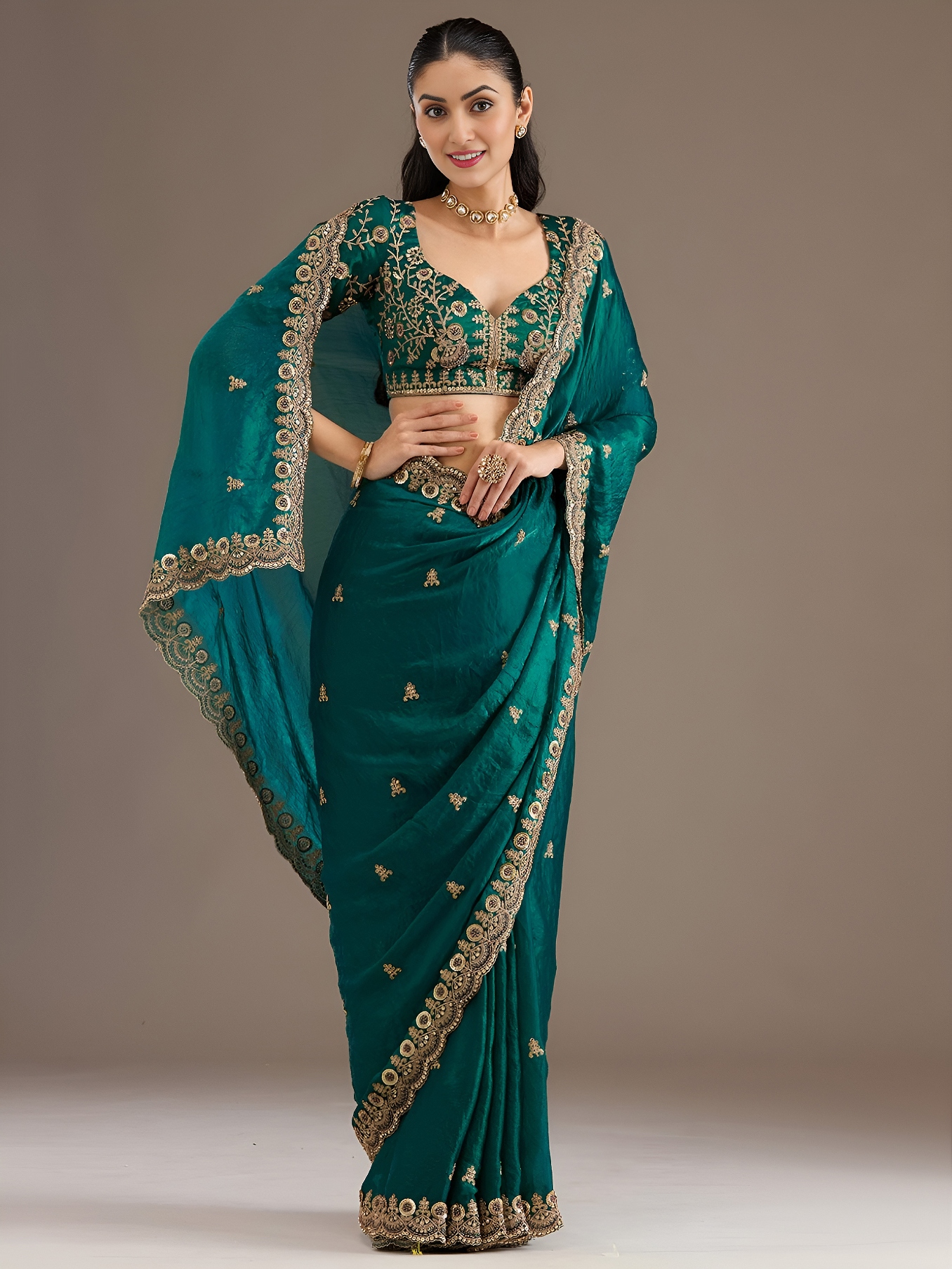 Rama Classic Buti Zari Embroidery Tissue Saree