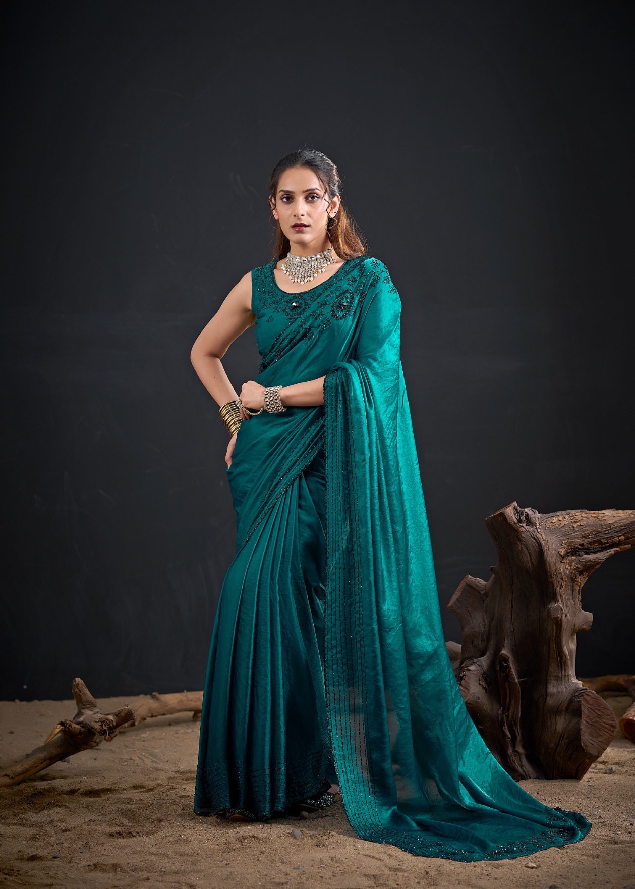 Rama Contemporary Zircon Work Satin Silk Saree