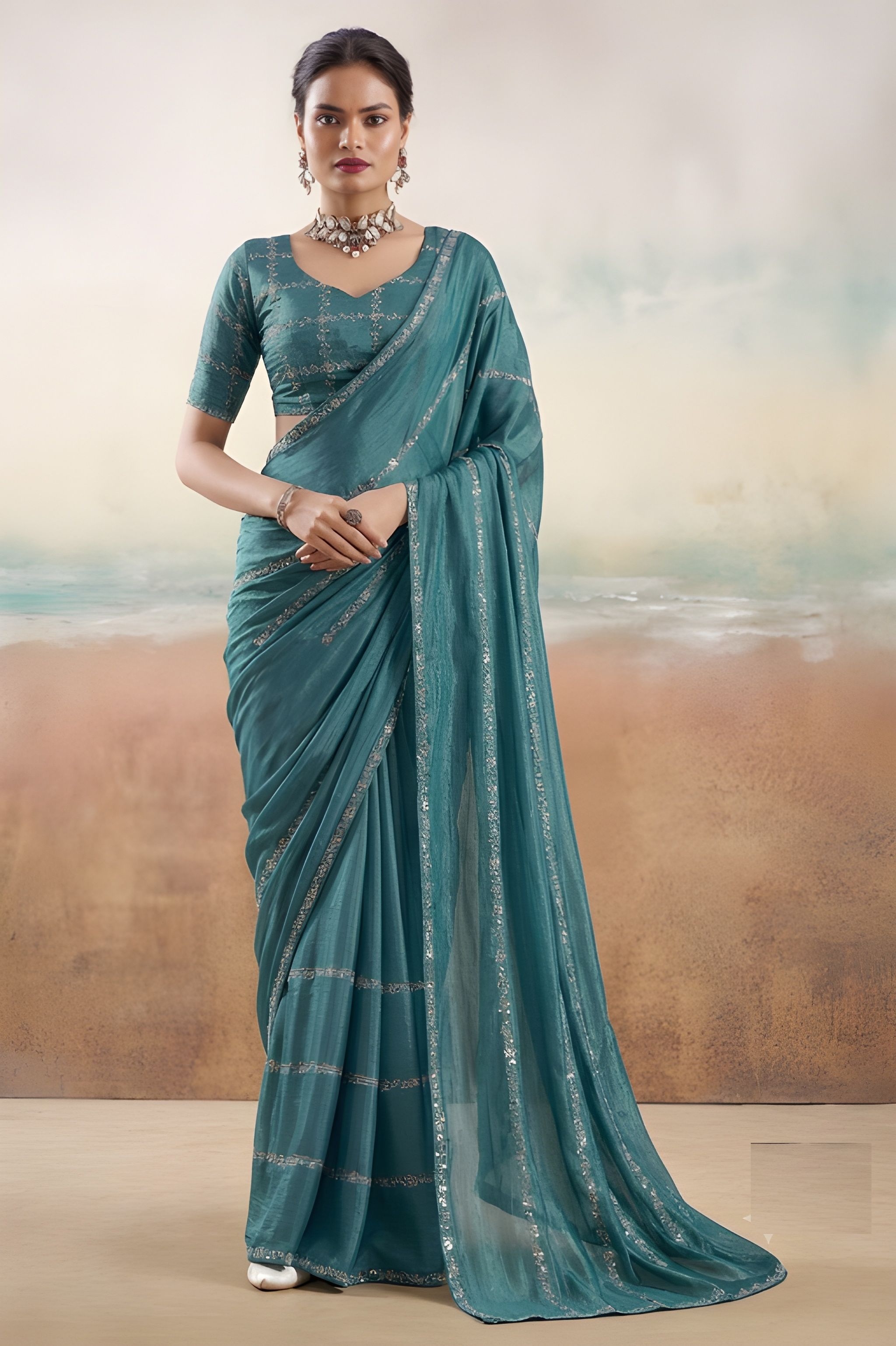 Rama Embroidered Chiffon Designer Saree