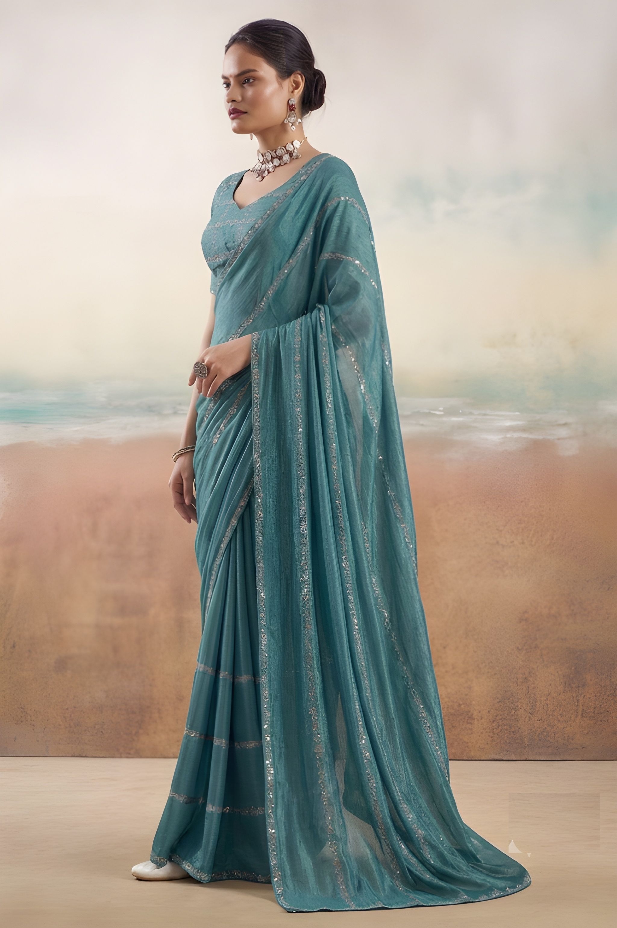 Rama Embroidered Chiffon Designer Saree