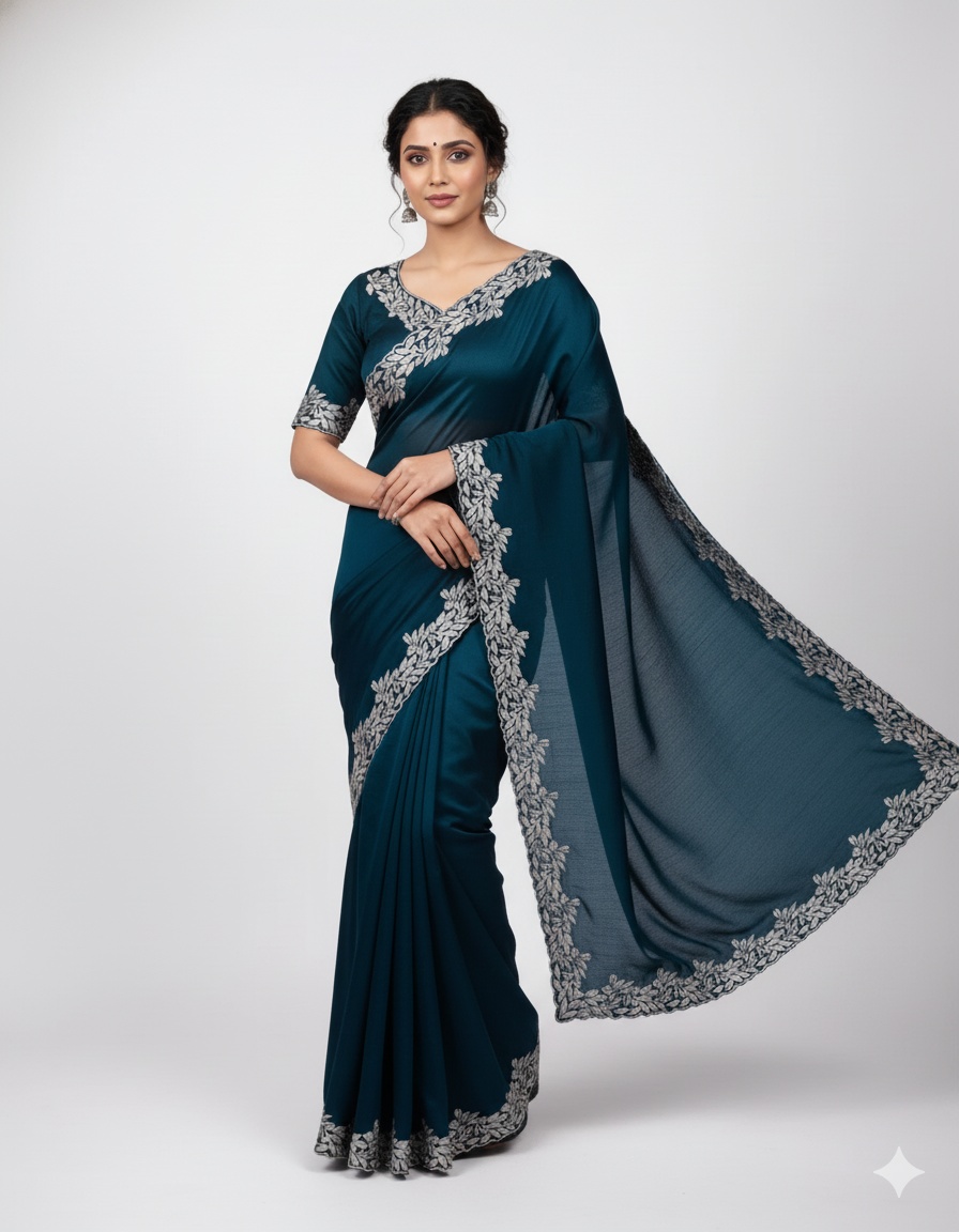 Rama Embroidered Fandy Chiffon Silk Saree