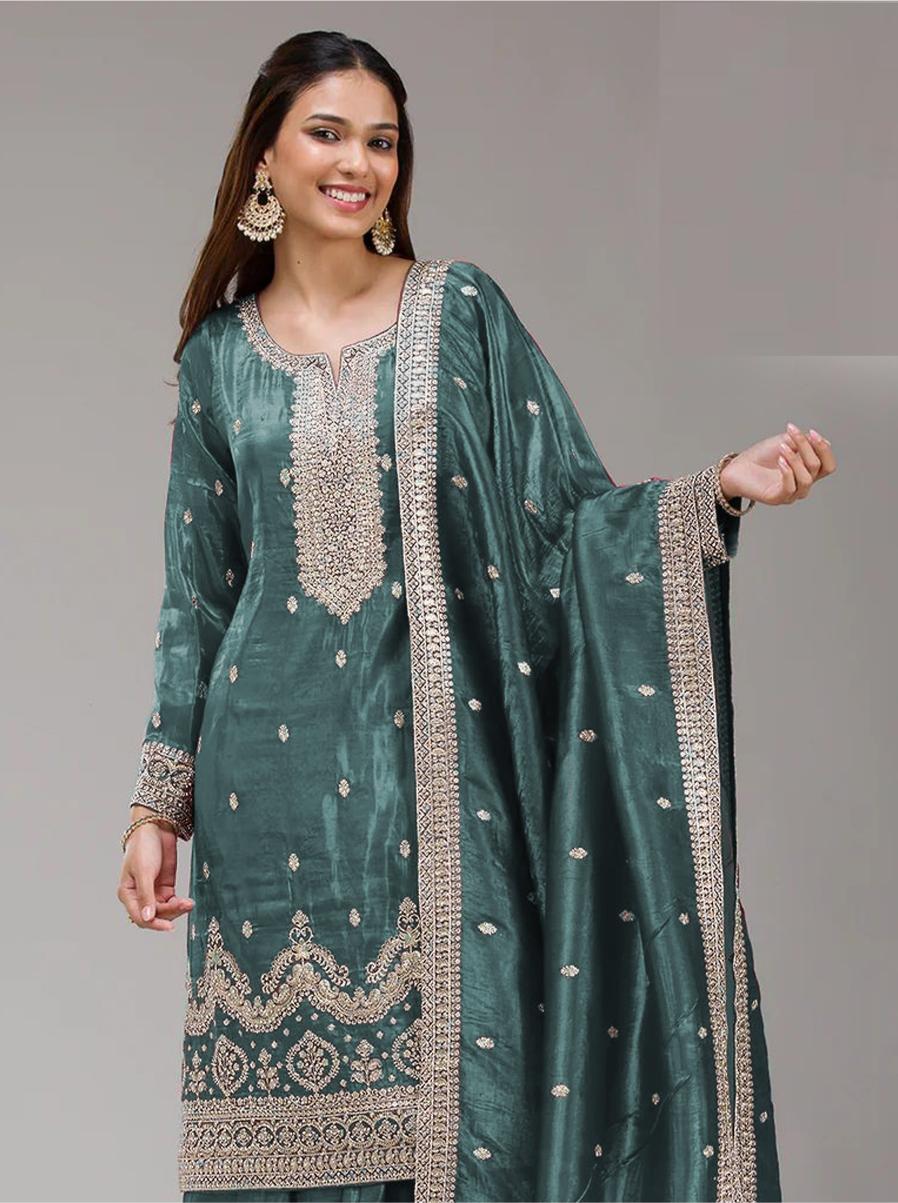 Rama Embroidered Gold Crush Palazzo Suit — alternate view