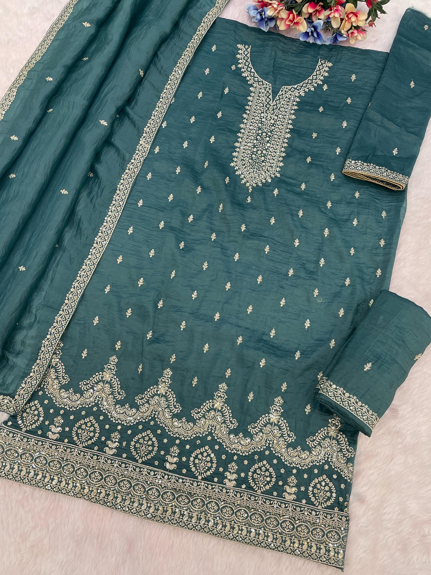 Rama Embroidered Gold Crush Palazzo Suit