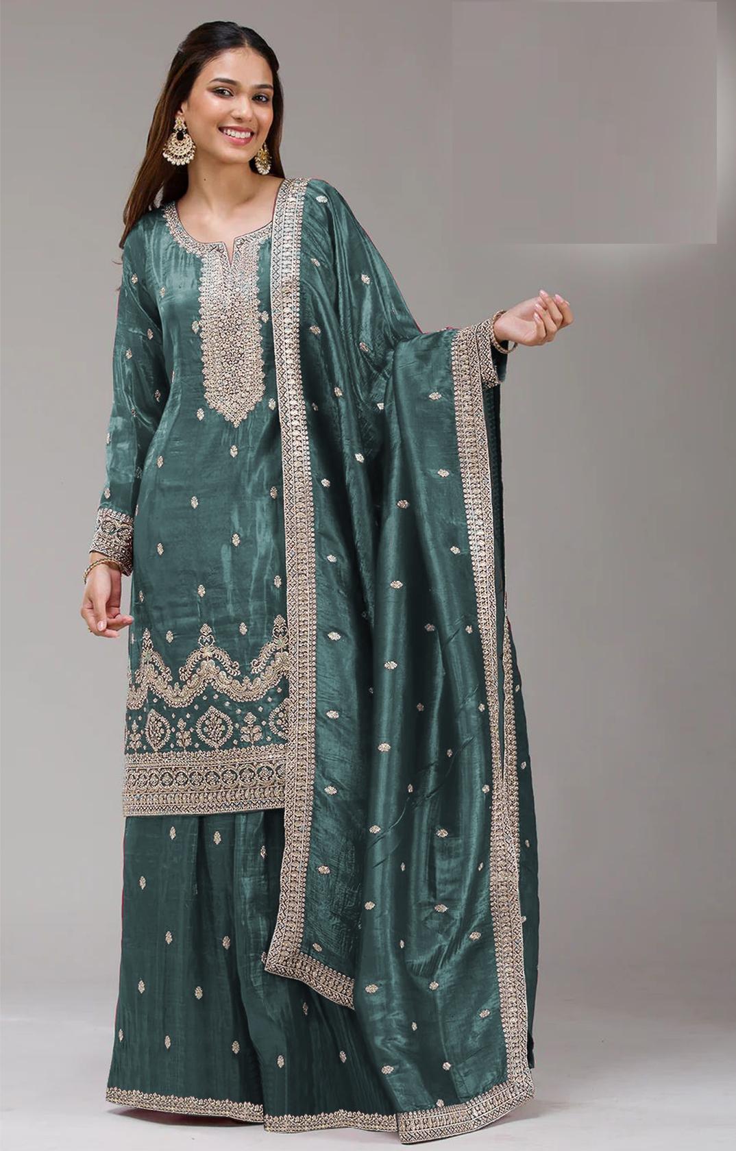 Rama Embroidered Gold Crush Palazzo Suit