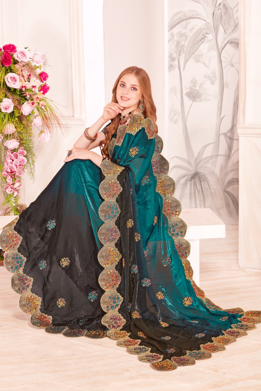 Rama Fendi Satin Silk Two Tone Shaded Zari and Resham Embroidered Saree — alternate view
