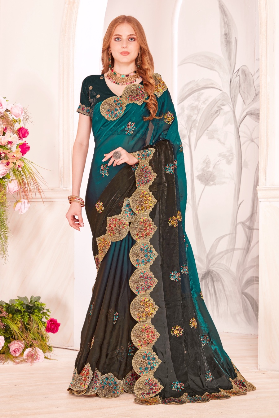Rama Fendi Satin Silk Two Tone Shaded Zari and Resham Embroidered Saree