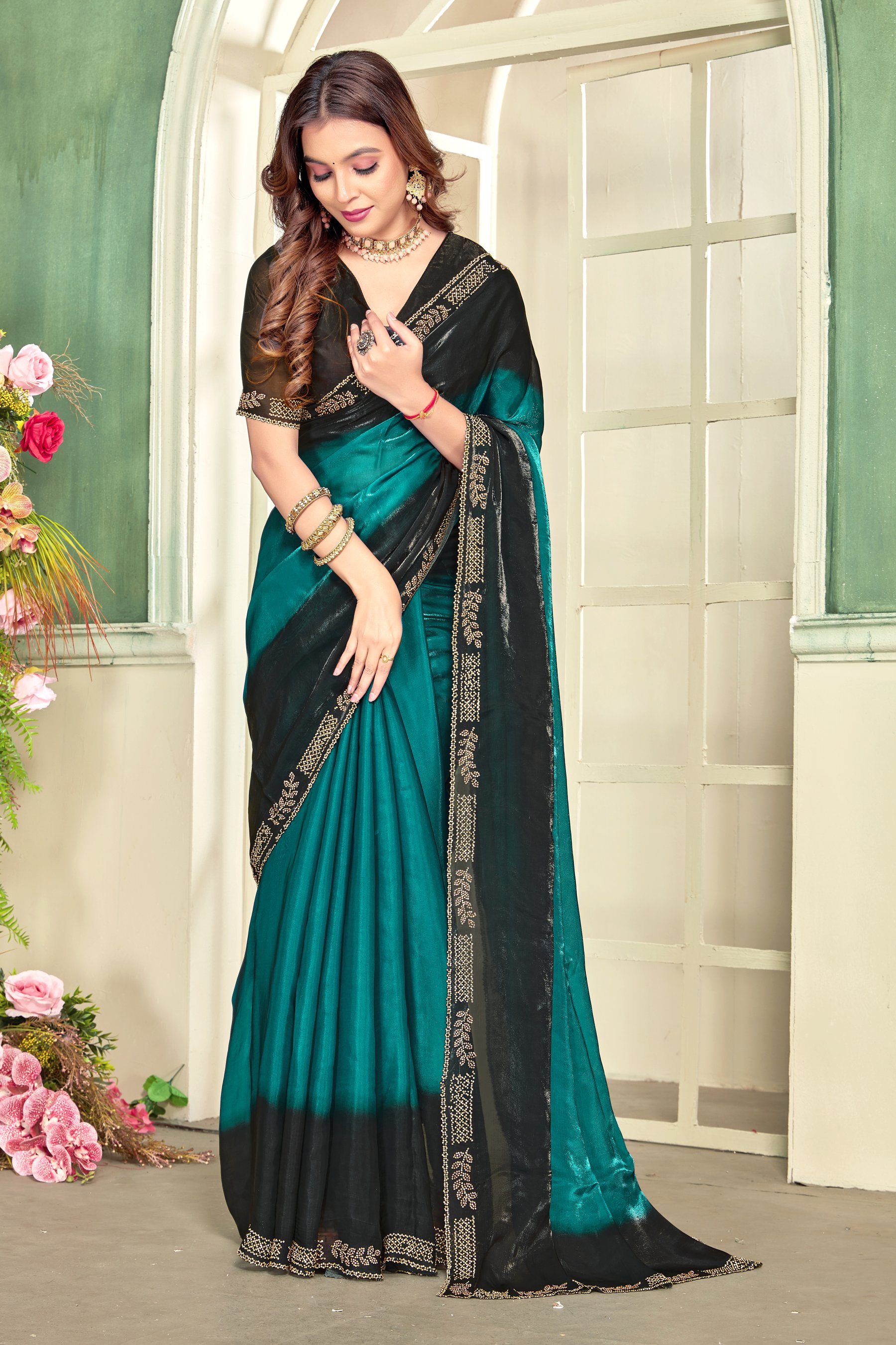 Rama Fendy Satin Silk Zircon Border Saree