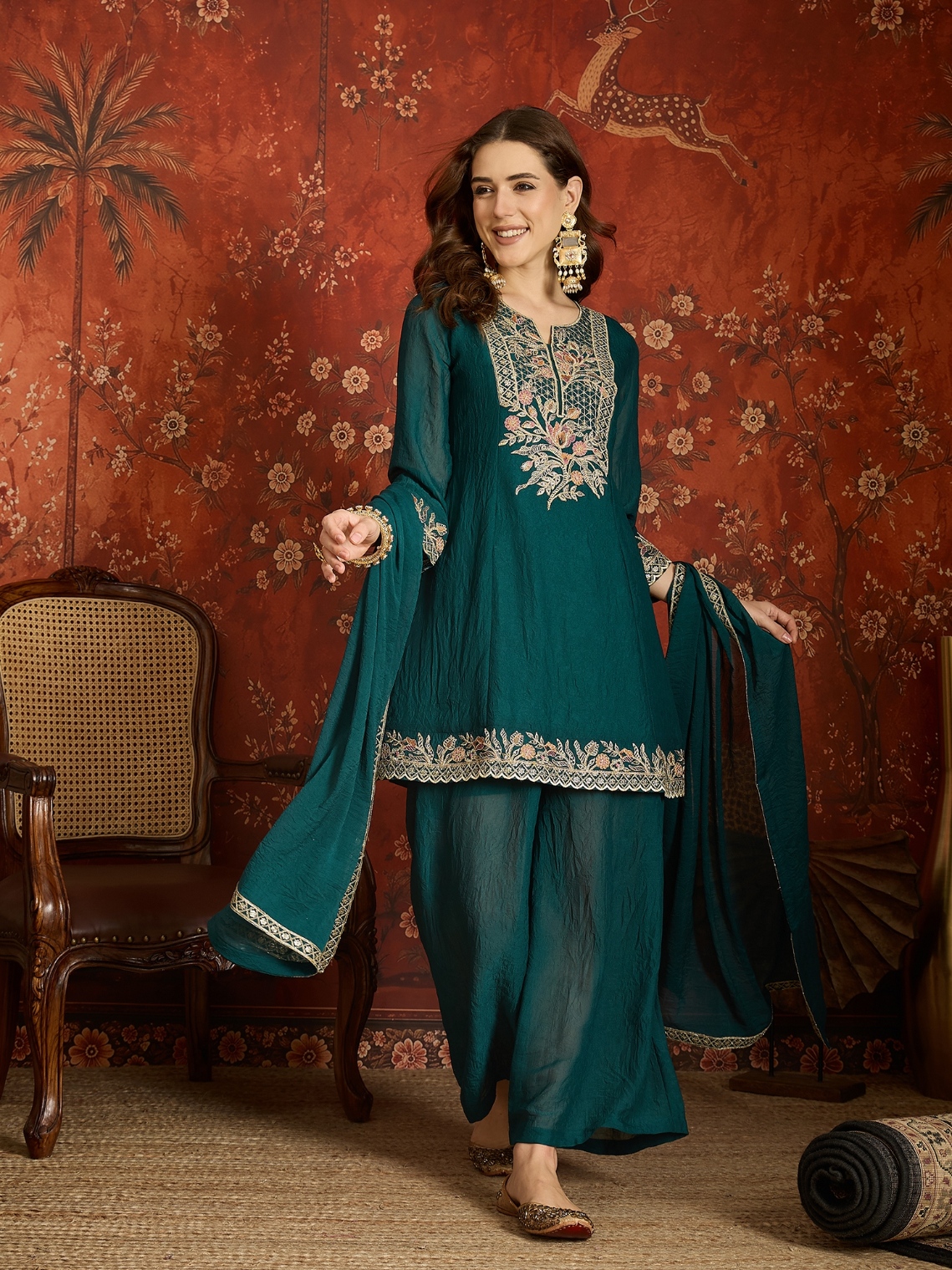 Rama Floral Designer Embroidery Silk Regal Palazzo Suit