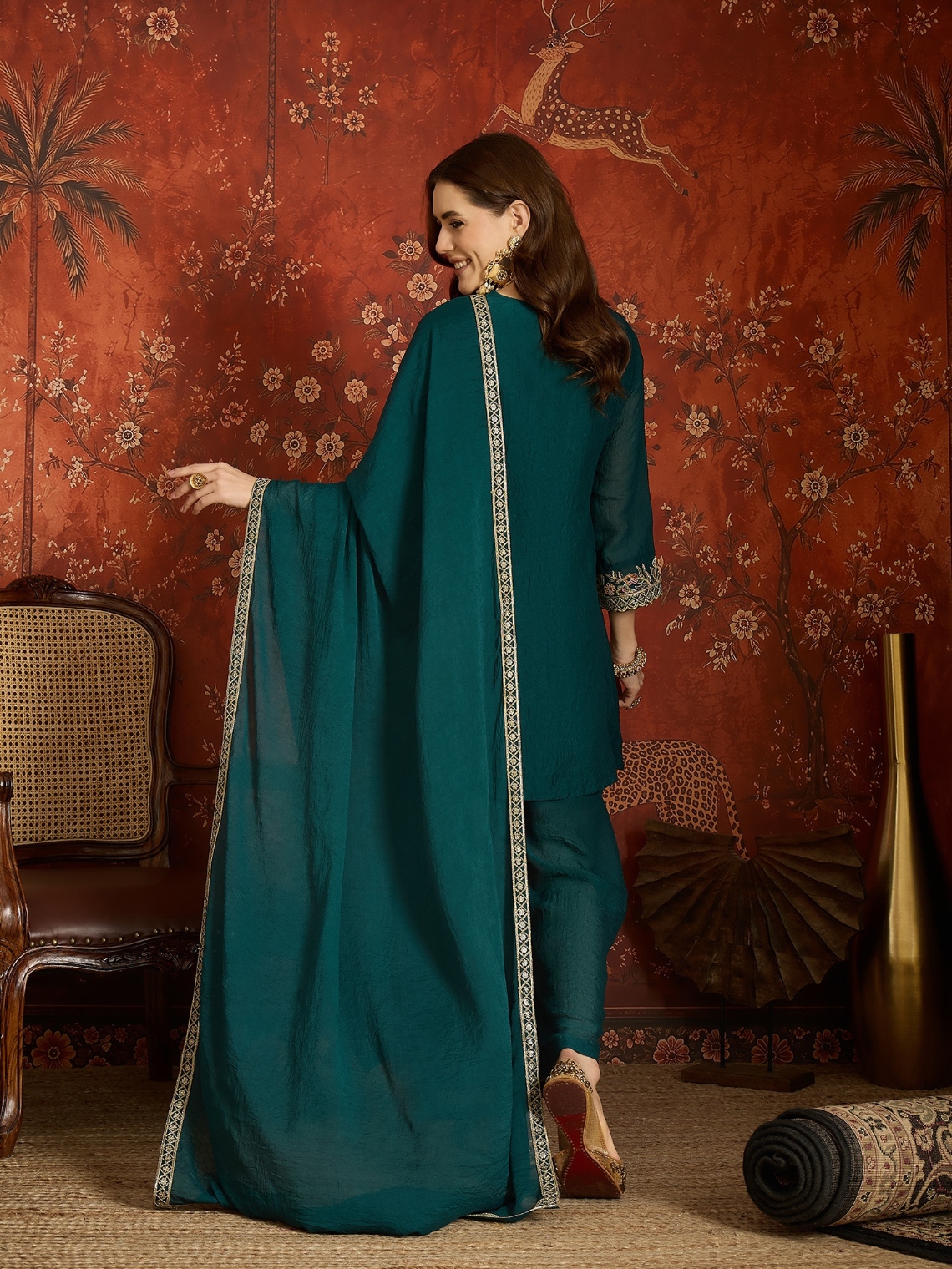 Rama Floral Designer Embroidery Silk Regal Palazzo Suit — alternate view