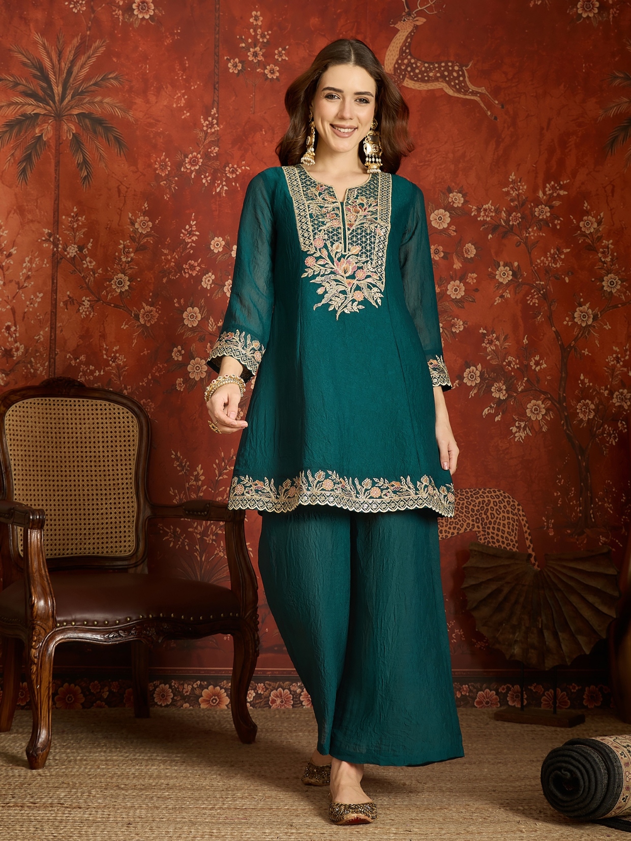 Rama Floral Designer Embroidery Silk Regal Palazzo Suit