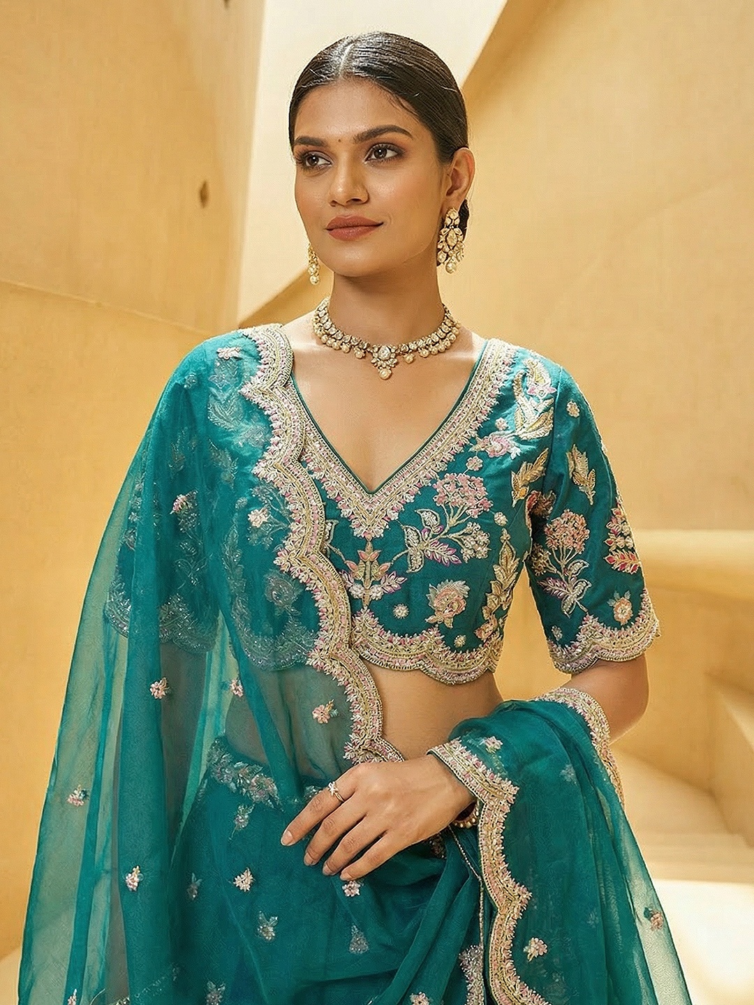 Rama Floral Embroidered Bridal Lehenga Choli