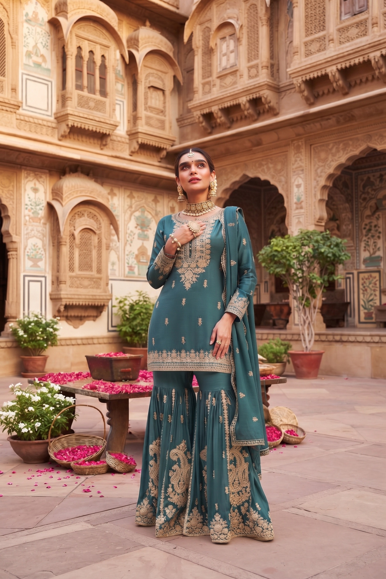 Rama Floral Embroidered Chinon Sharara Suit