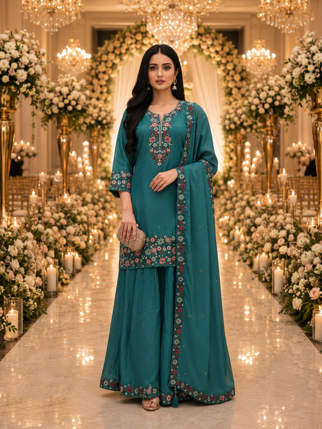 Rama Floral Embroidery Roman Simmer Palazzo Suit