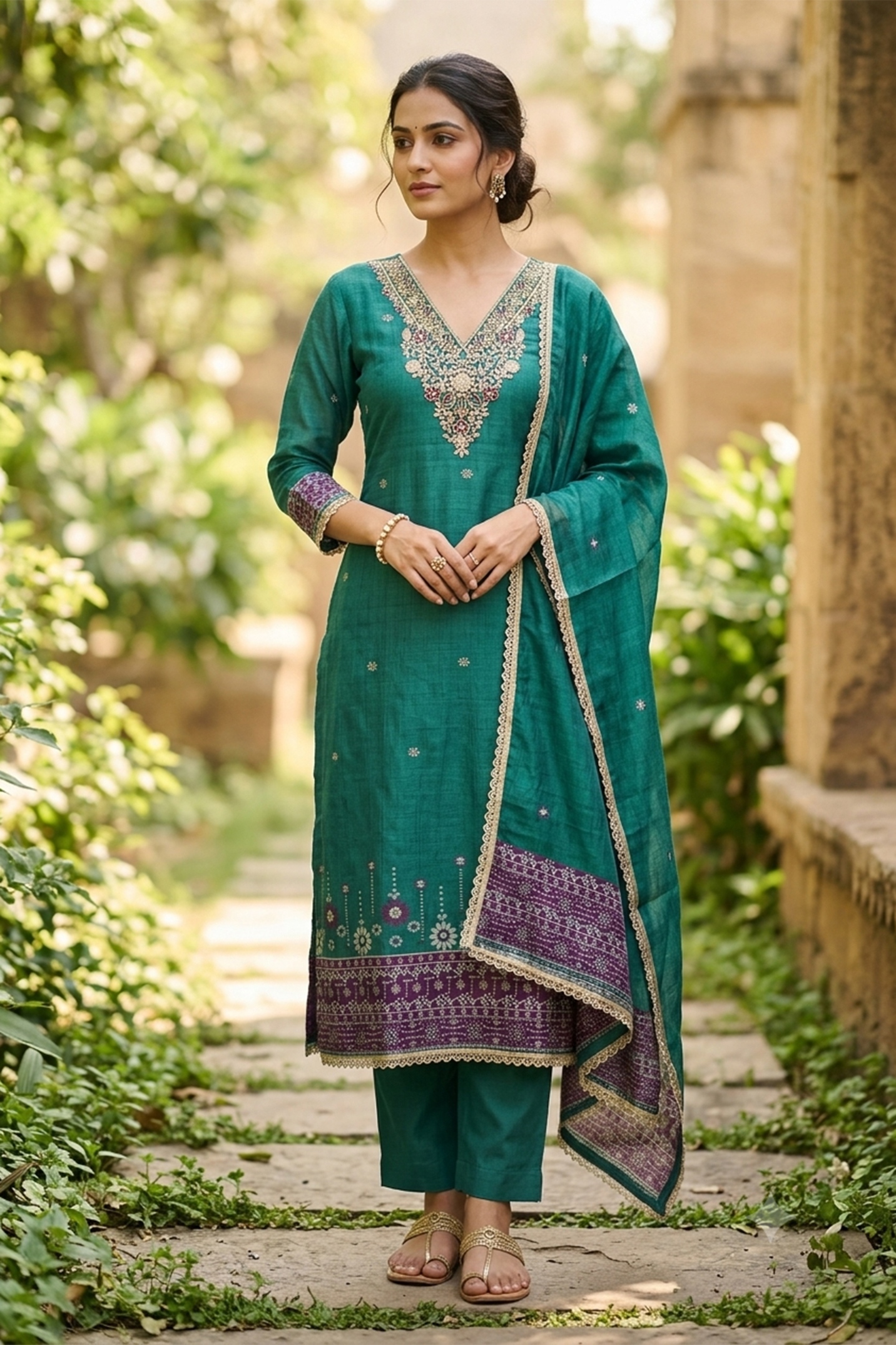 Rama Floral Handwork Banarasi Cotton Straight Suit