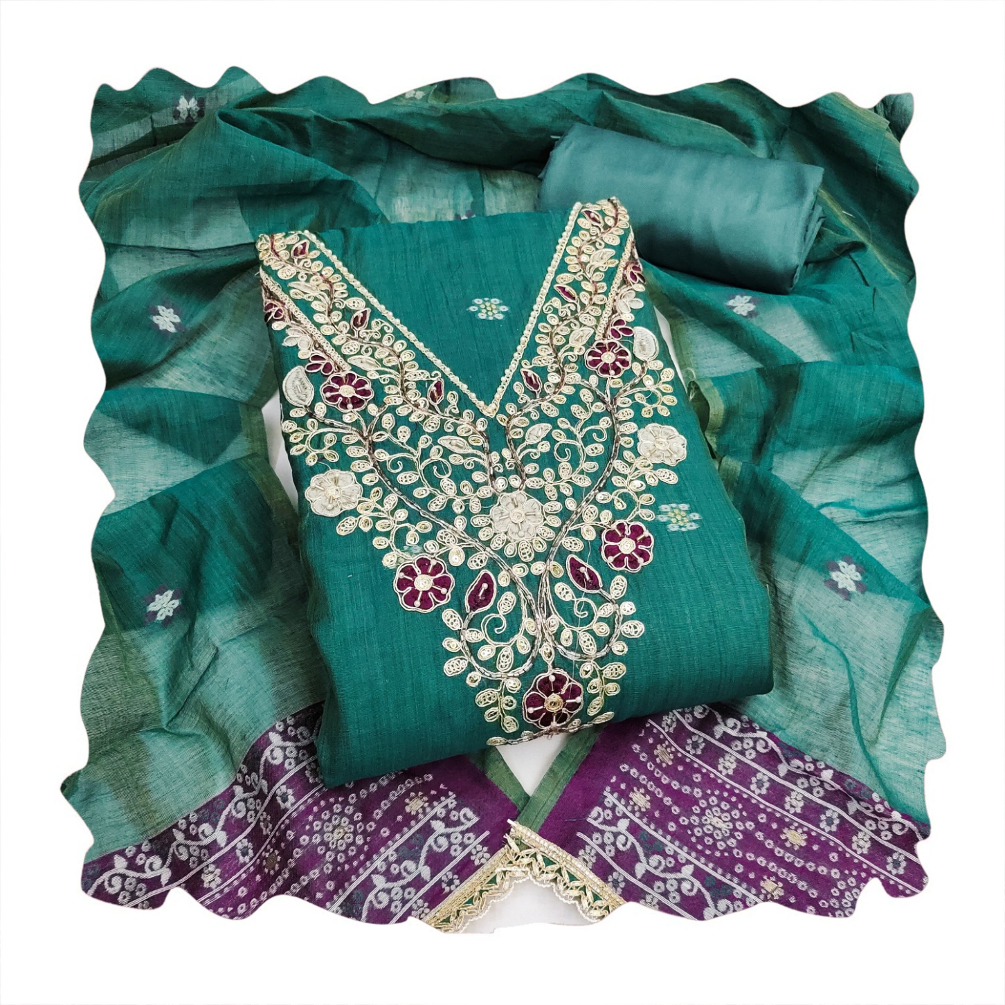 Rama Floral Handwork Banarasi Cotton Straight Suit