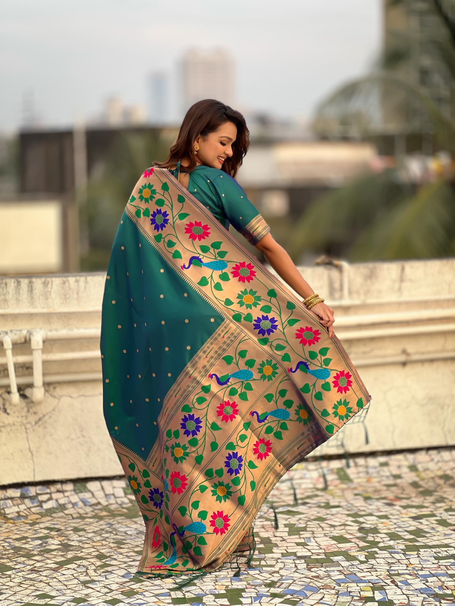 Rama Floral N Peacock Motif Paithani Silk Saree — alternate view