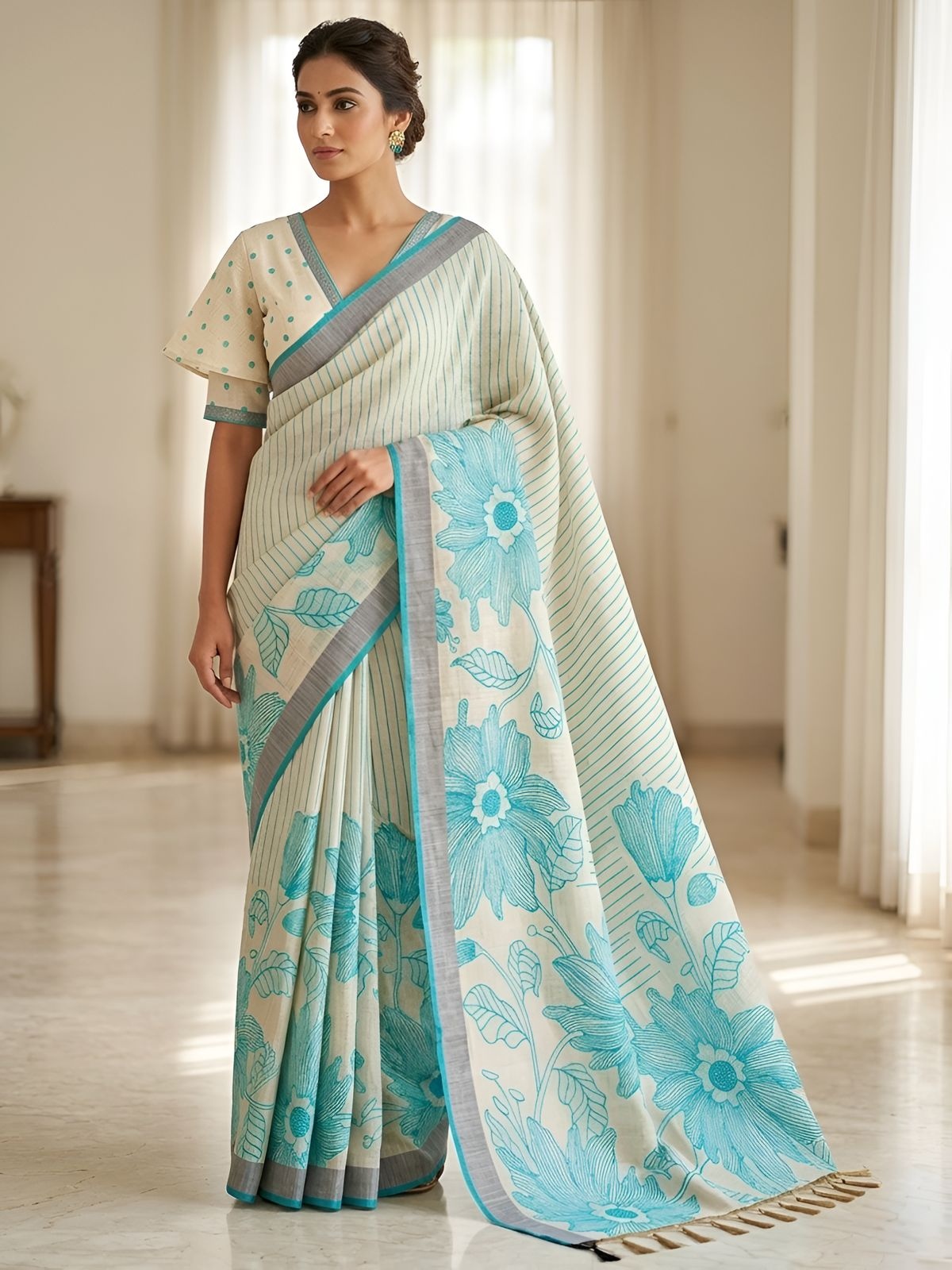 Rama Floral Printed Linen Saree