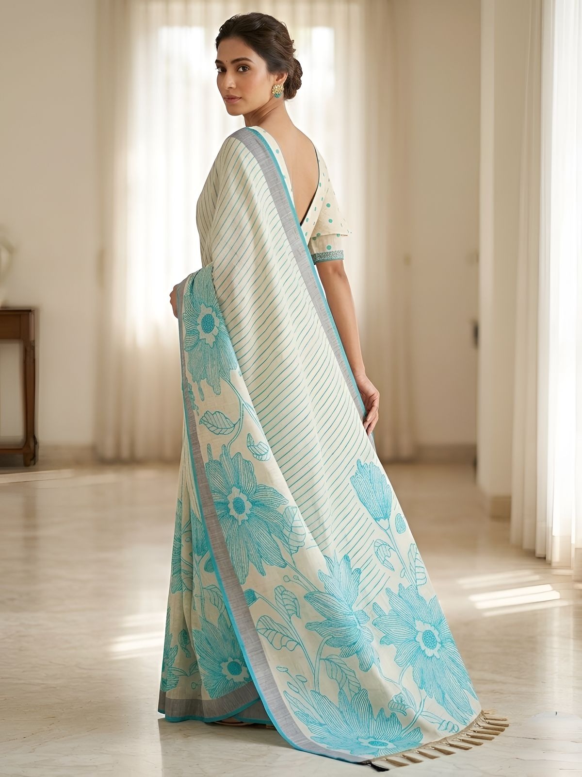 Rama Floral Printed Linen Saree — alternate view