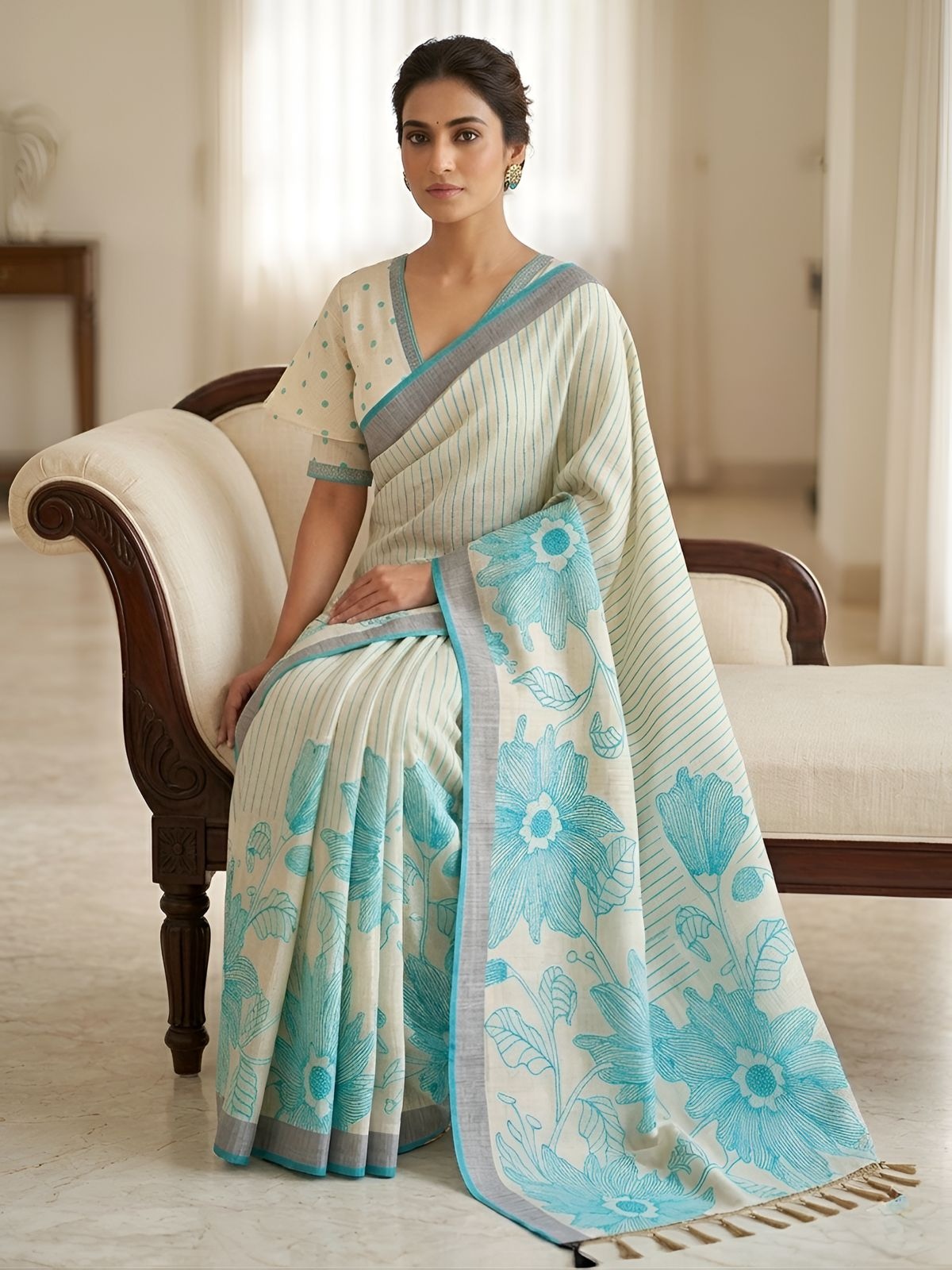 Rama Floral Printed Linen Saree