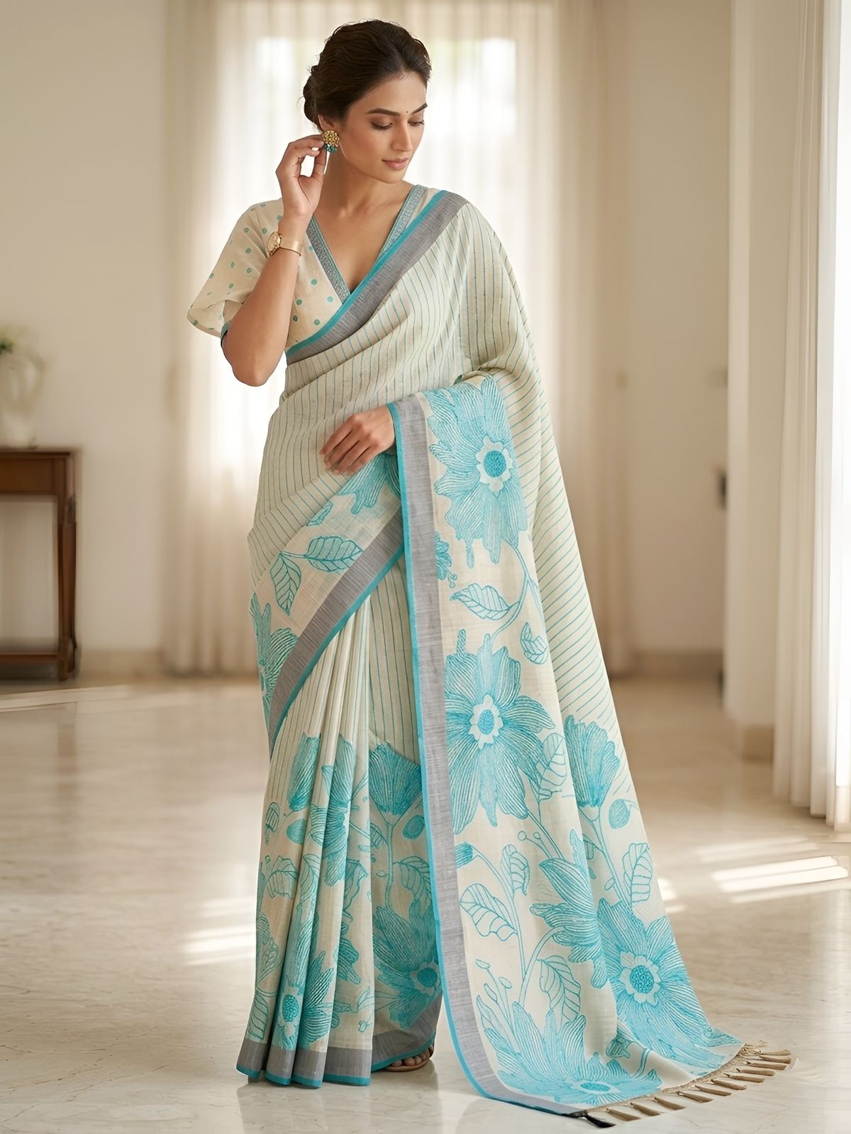 Rama Floral Printed Linen Saree