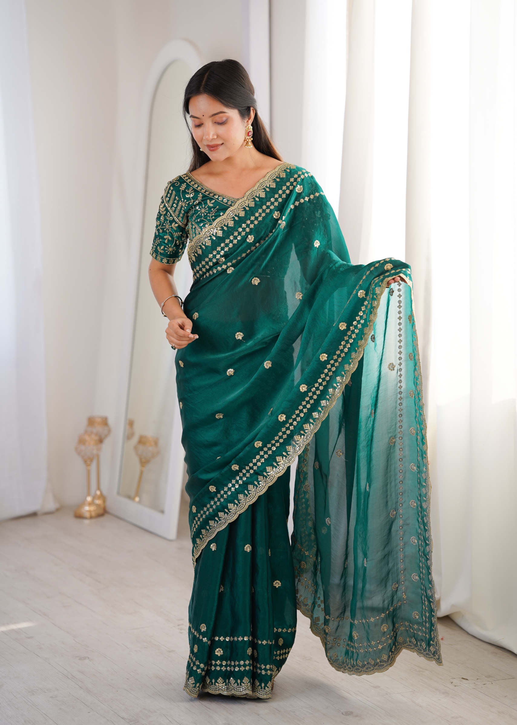 Rama Floral Sequin Fendy Satin Saree