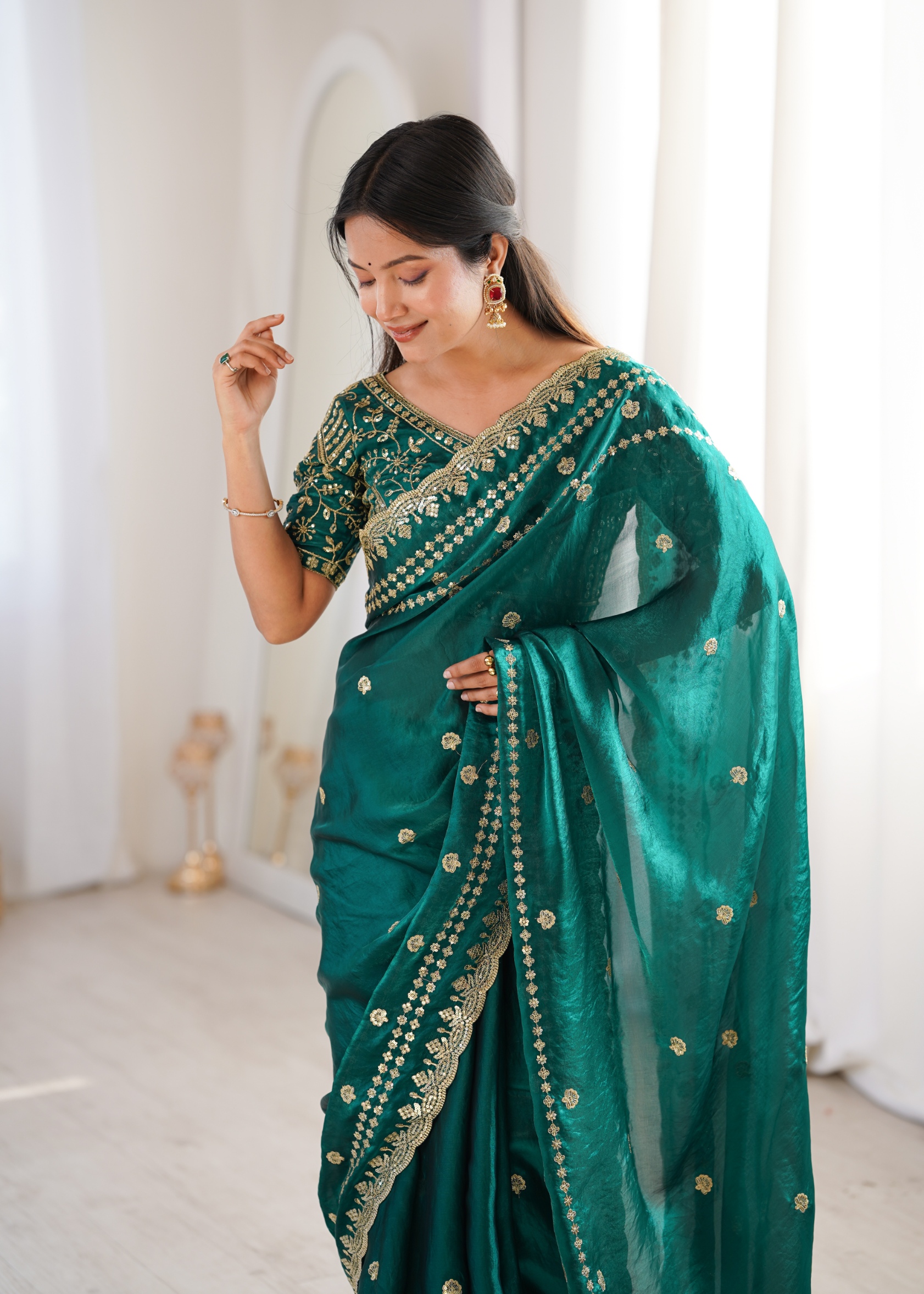 Rama Floral Sequin Fendy Satin Saree
