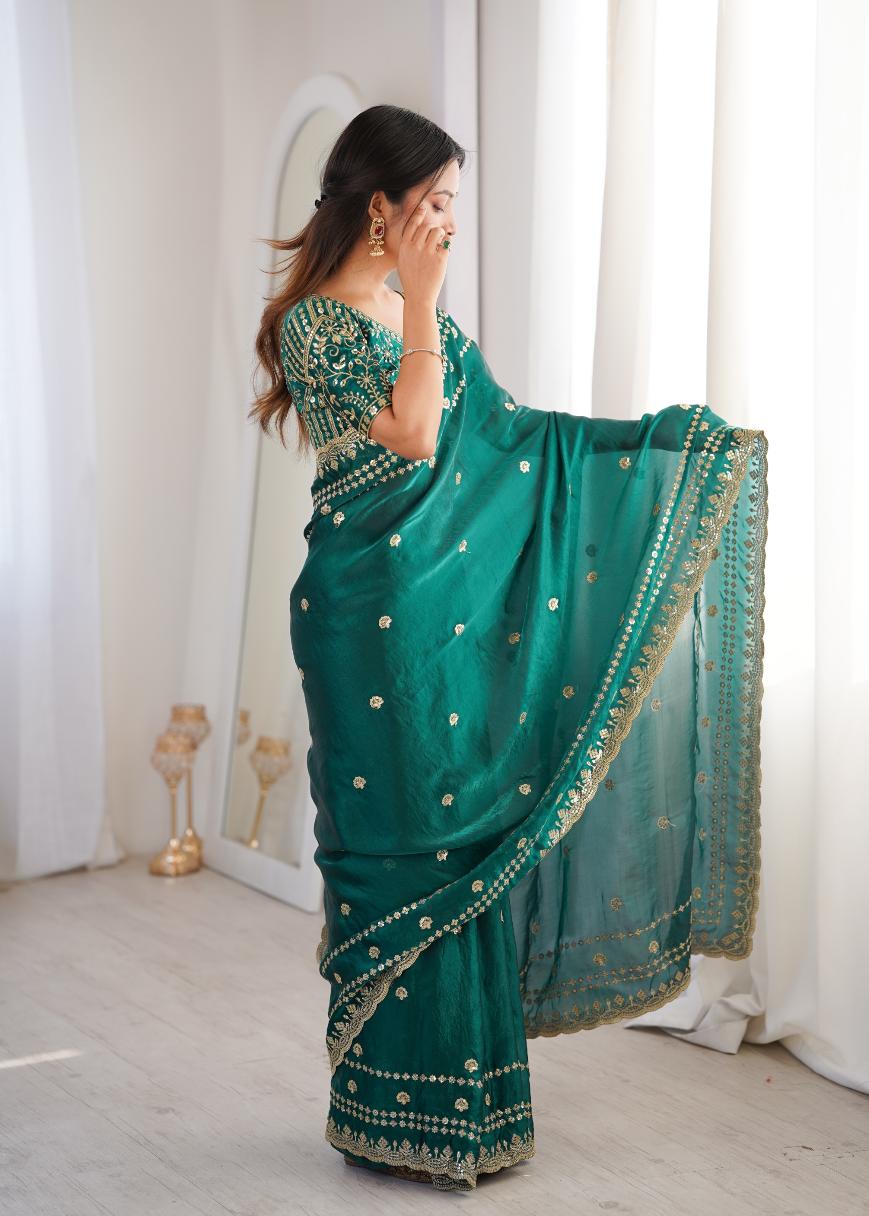 Rama Floral Sequin Fendy Satin Saree
