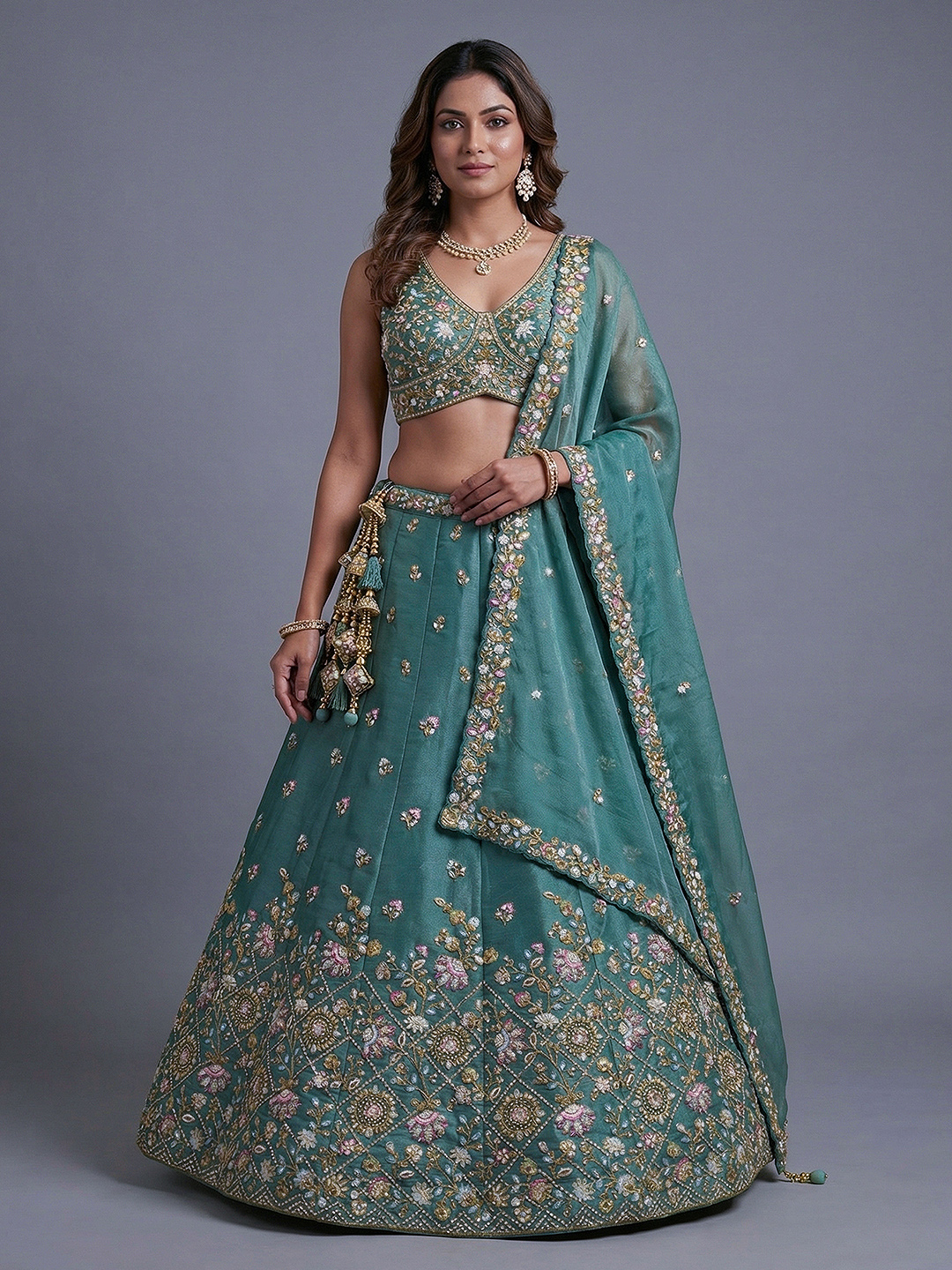 Rama Floral Sequin Tissue Bridal Lehenga Choli