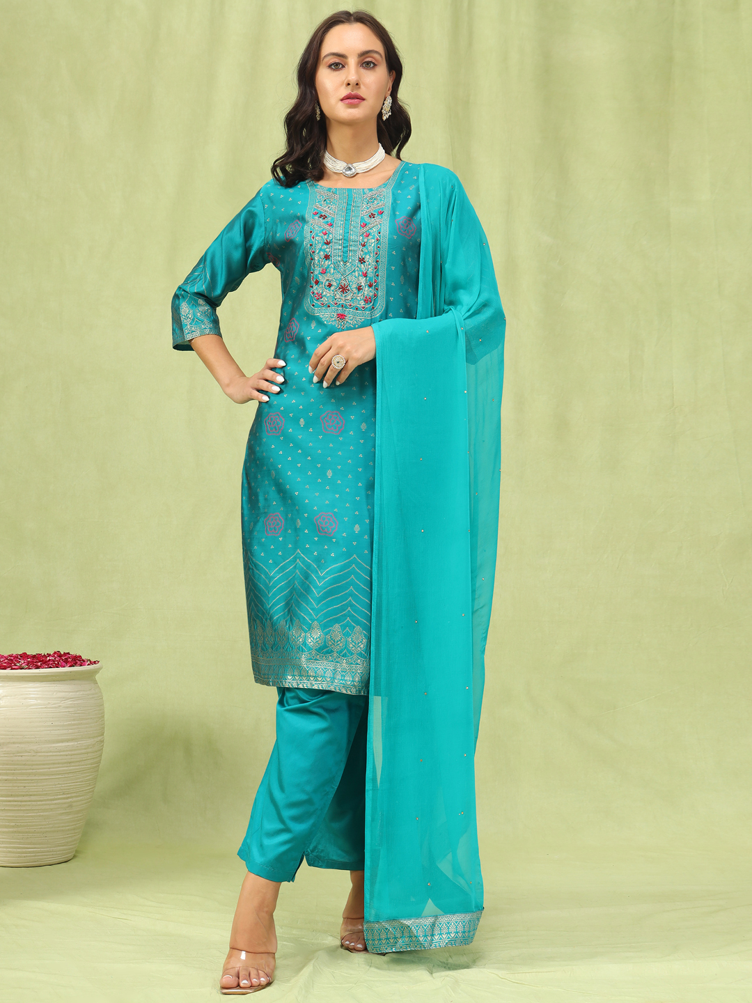 Rama Floral Yoke Cotton Silk Jacquard Embroidered Readymade Salwar