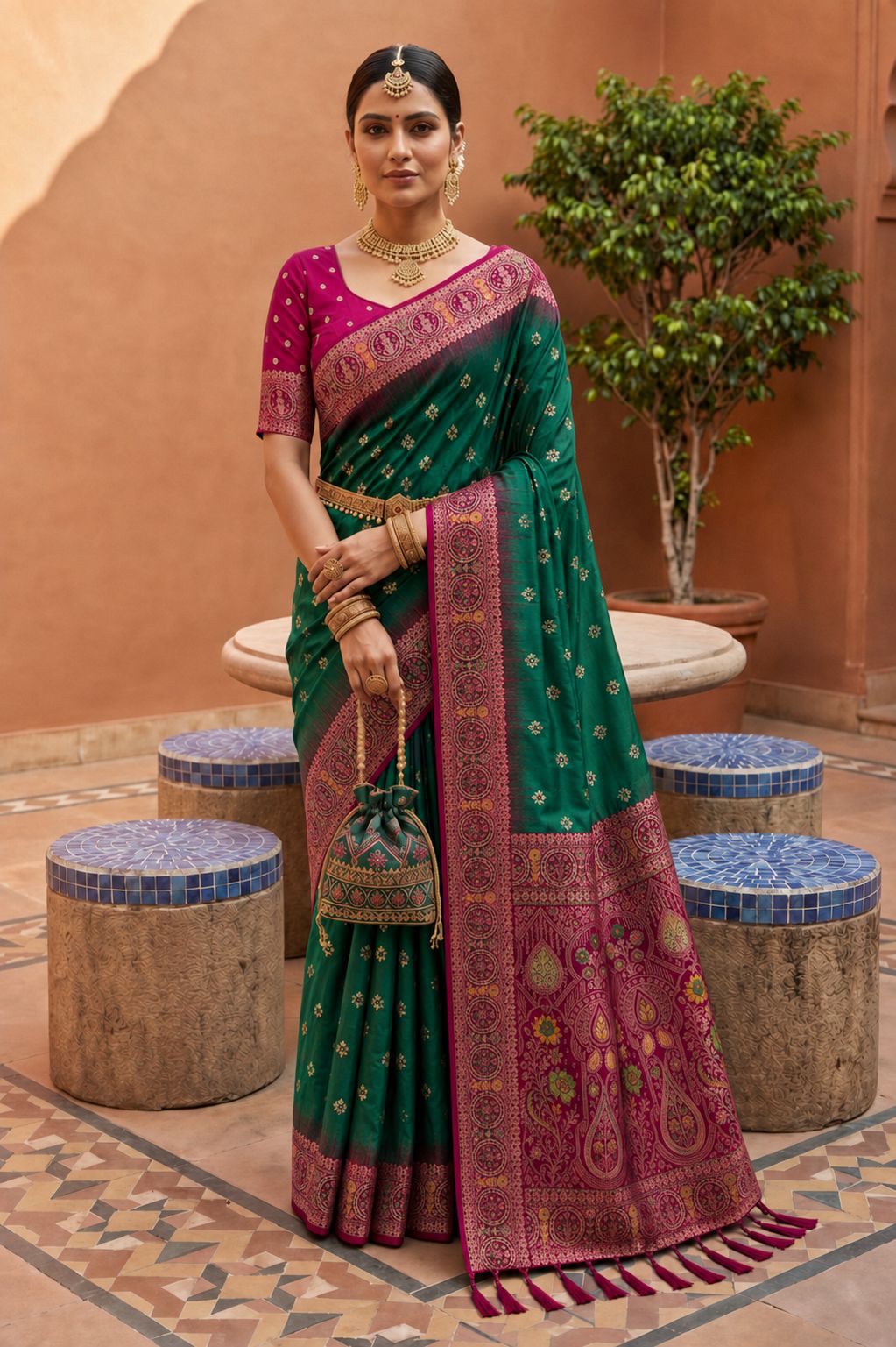 Rama Floral Zari Soft Silk Saree