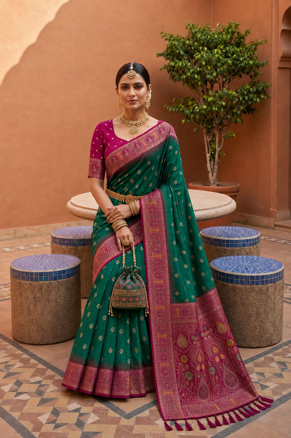 Rama Floral Zari Soft Silk Saree