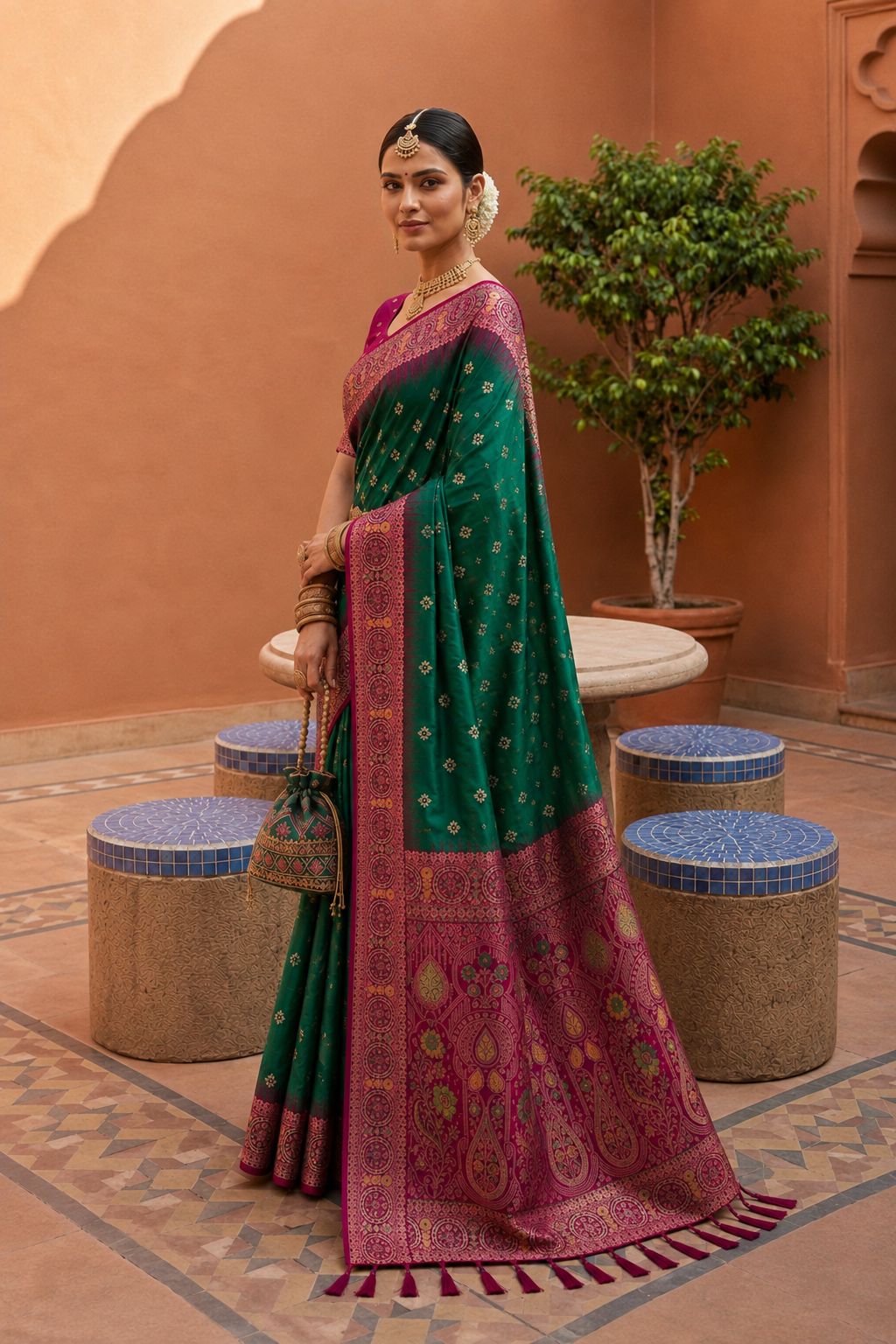 Rama Floral Zari Soft Silk Saree