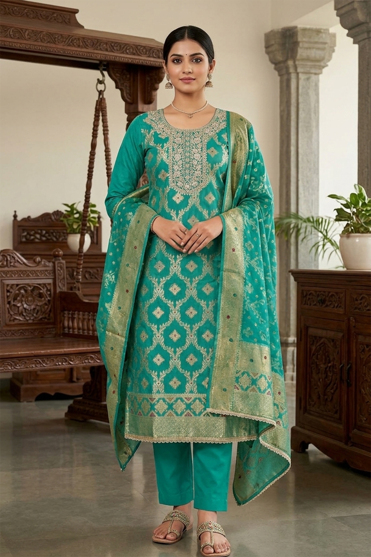 Rama Geometric Handwork Banarasi Cotton Straight Suit