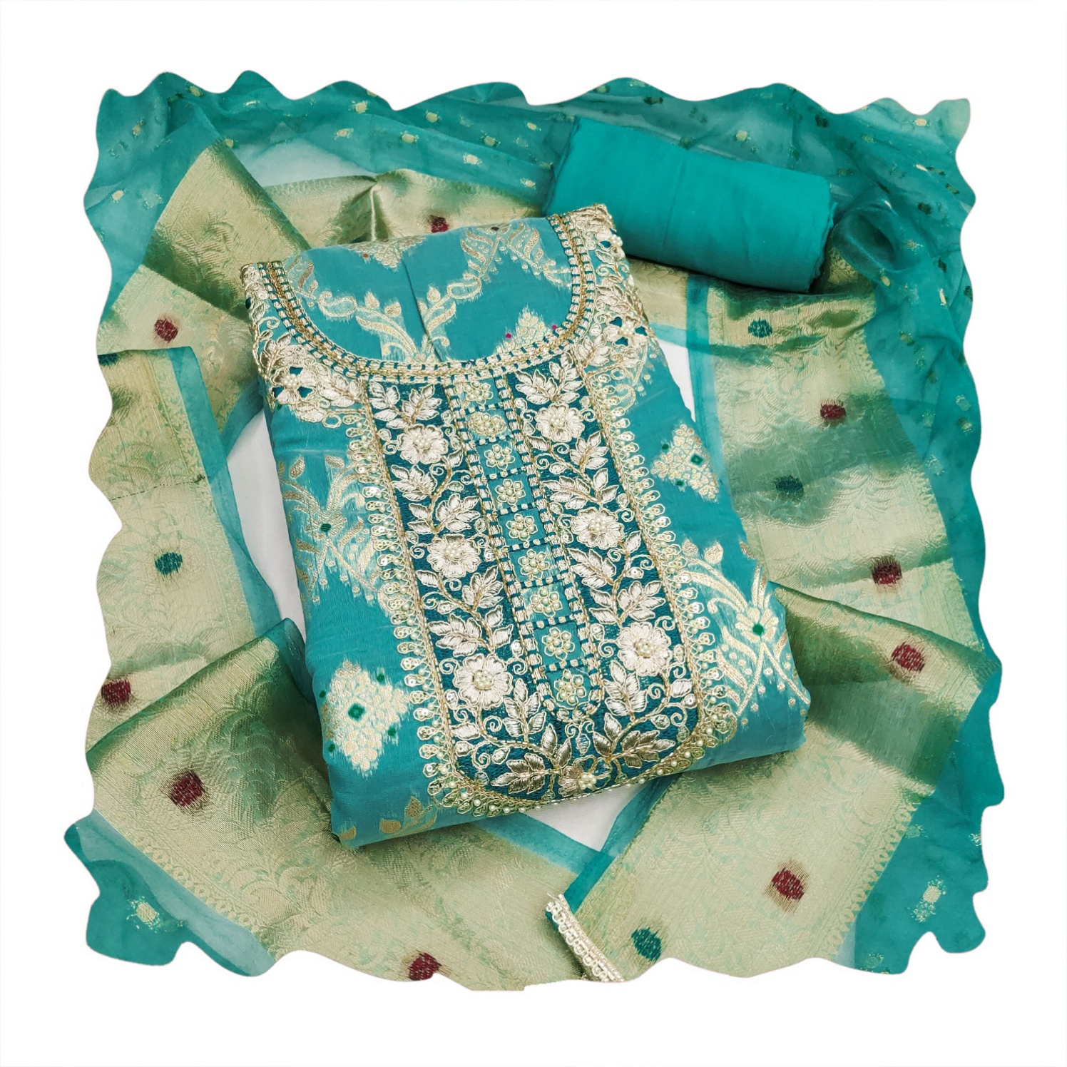 Rama Geometric Handwork Banarasi Cotton Straight Suit — alternate view